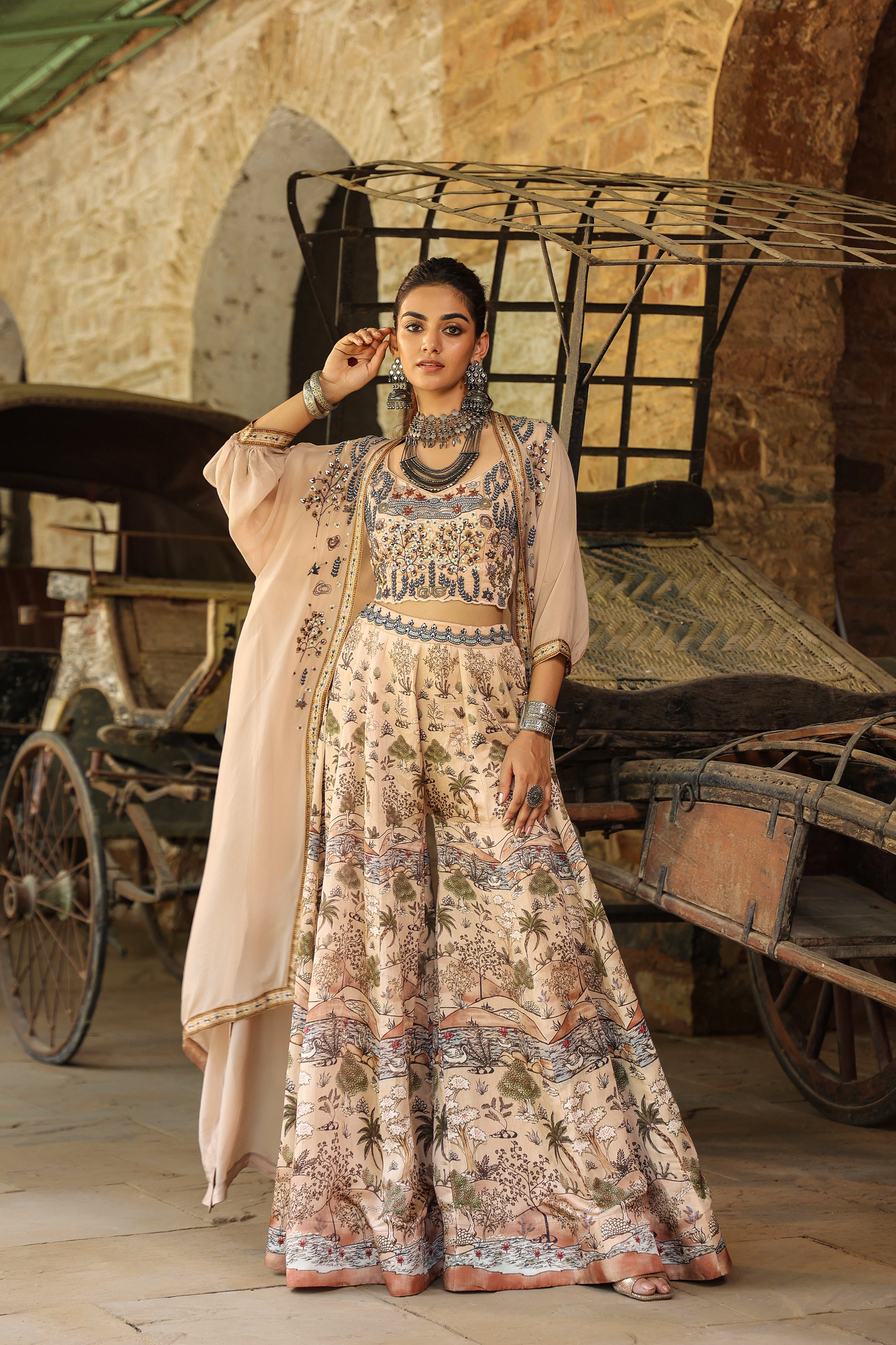 Beige Traditional Printed Organza Silk Cape Set