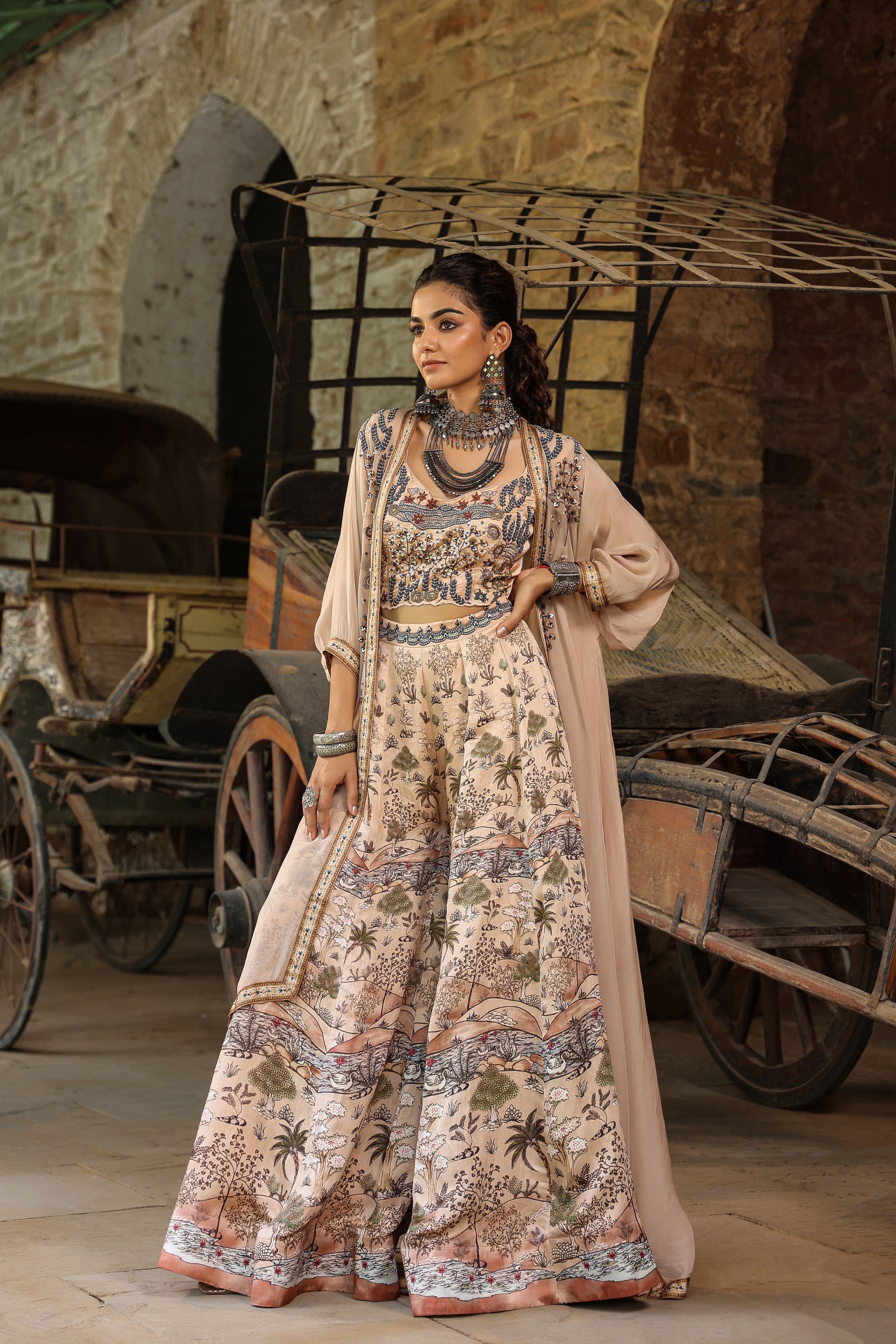 Beige Traditional Printed Organza Silk Cape Set