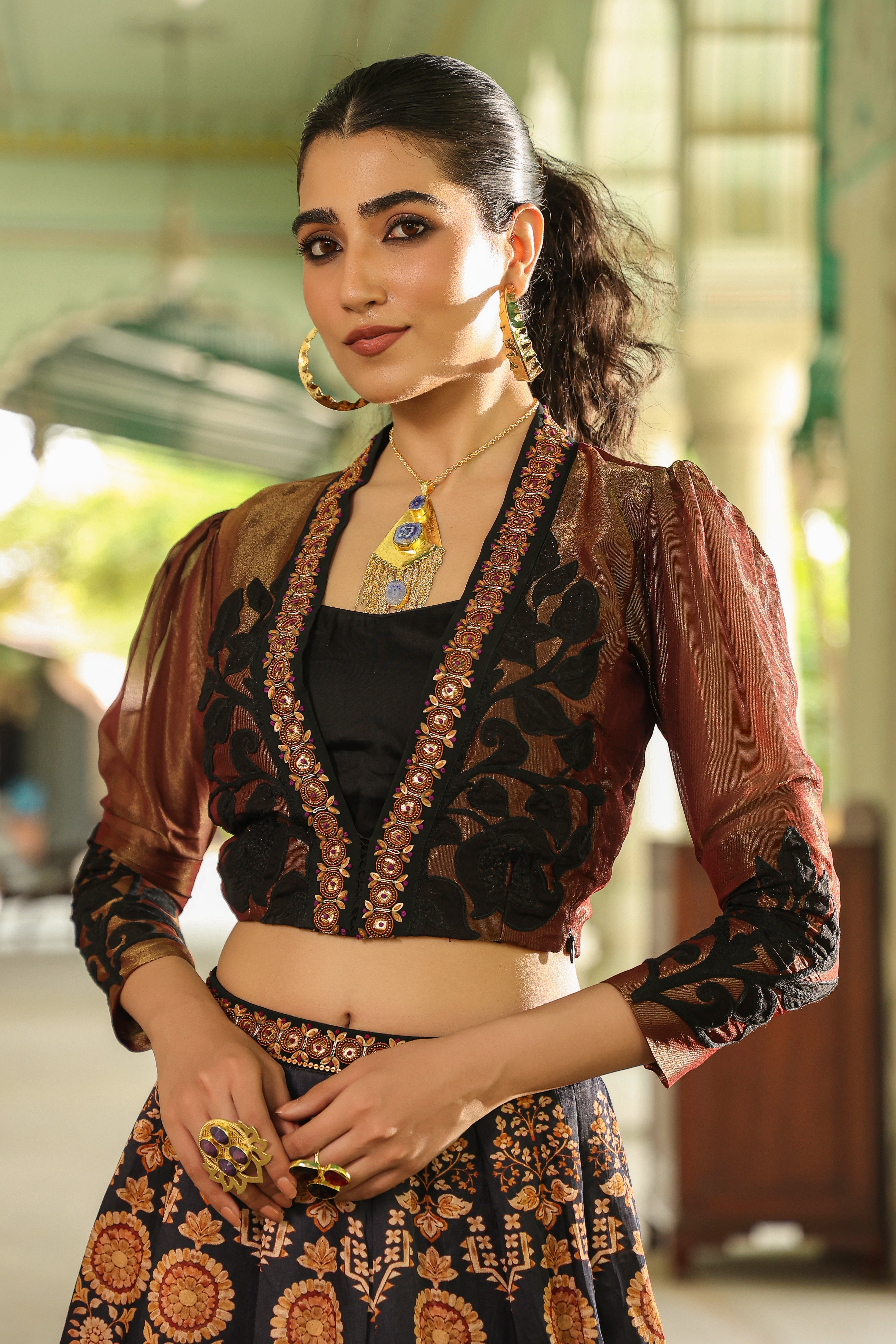 Black Ethnic Printed Satin Silk Lehenga Set