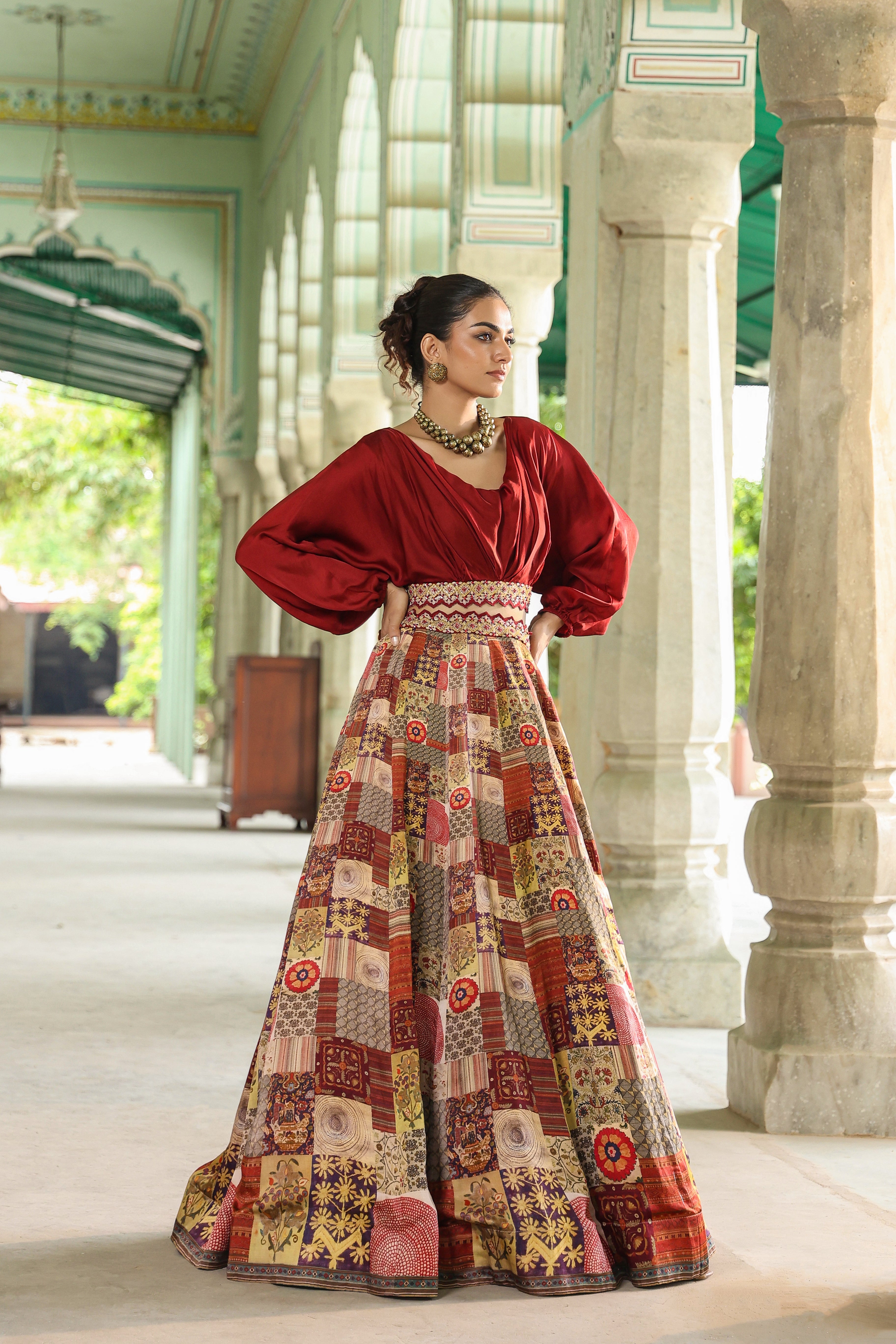 Beige Traditional Printed Modal Satin Silk Skirt Set