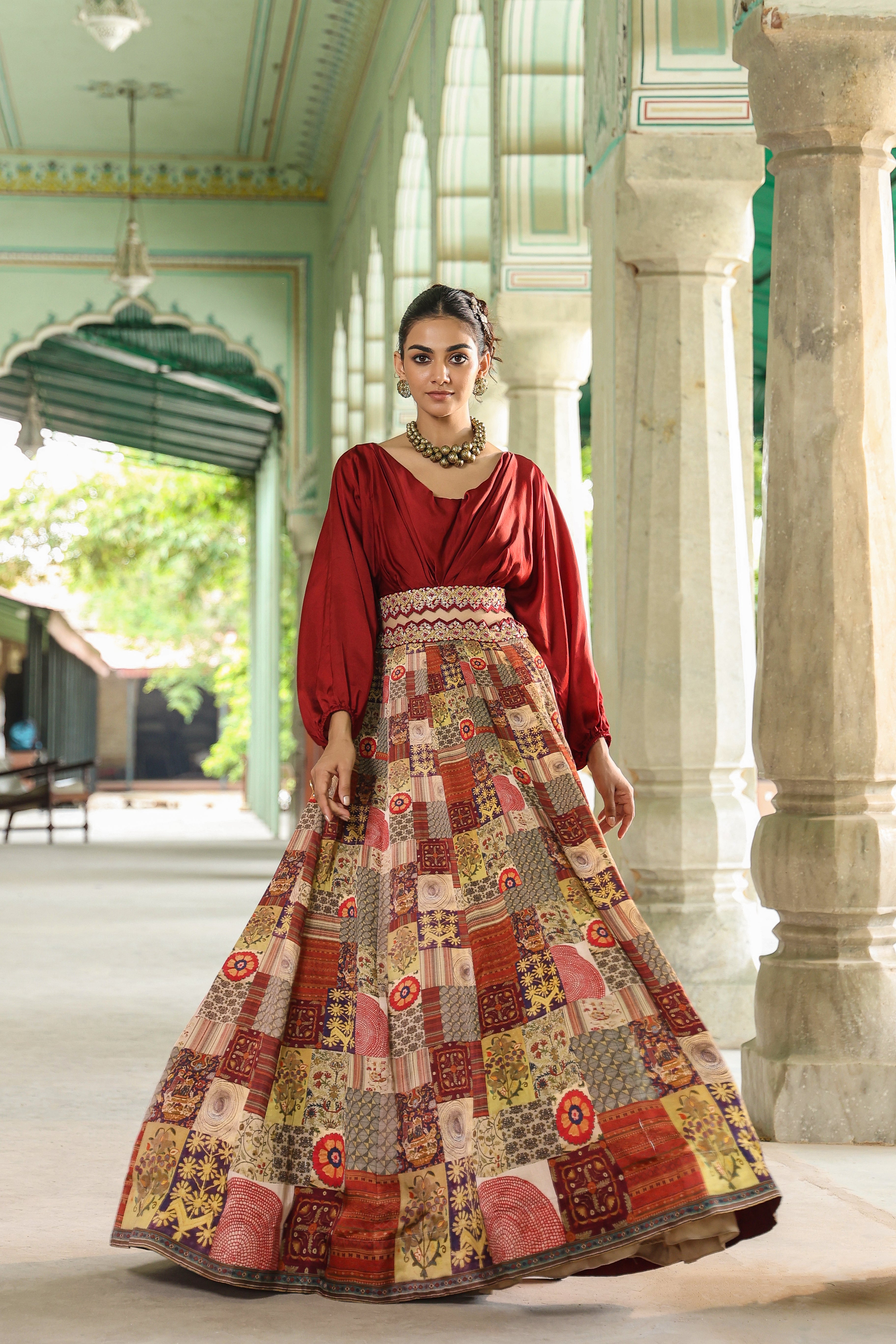 Beige Traditional Printed Modal Satin Silk Skirt Set