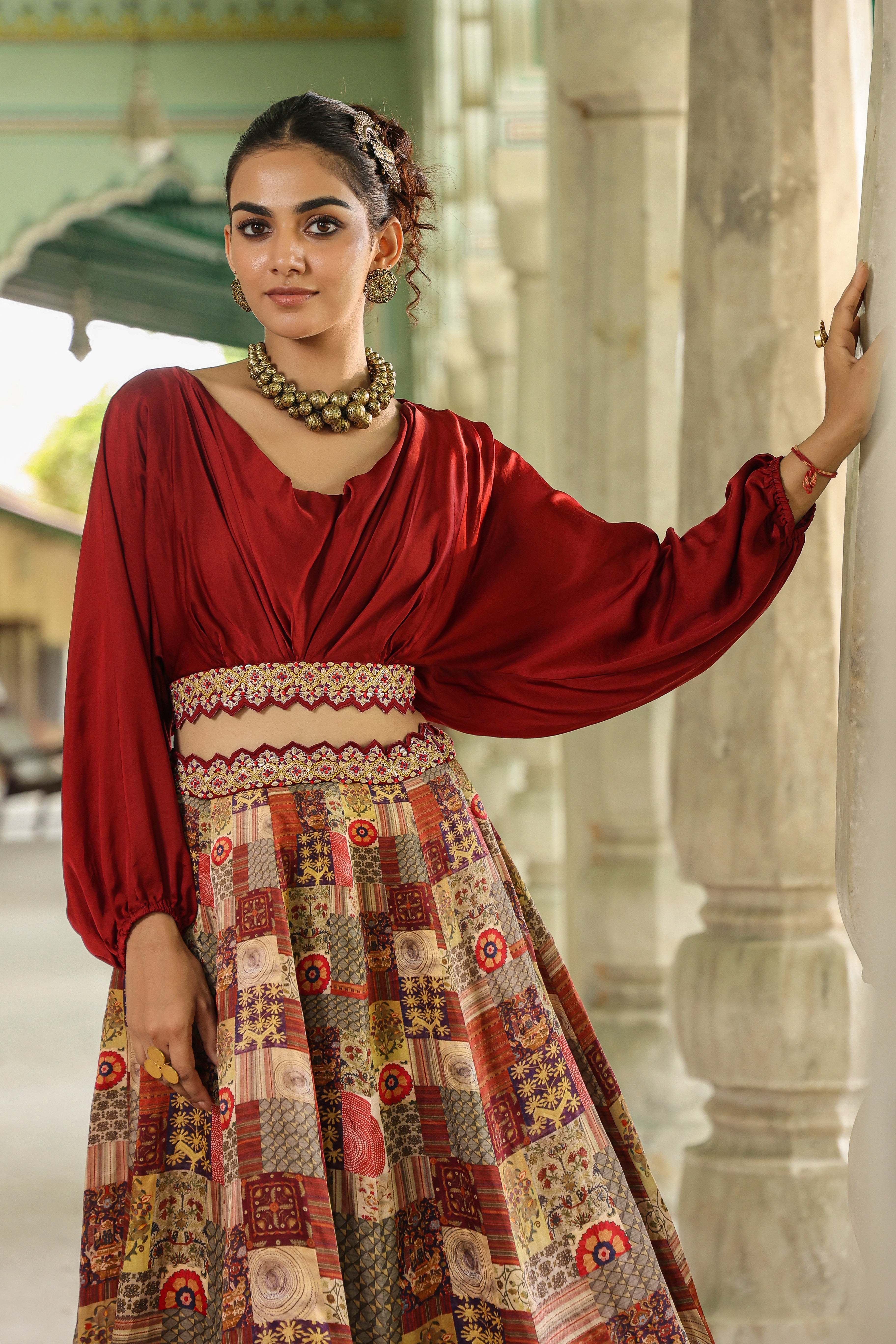 Beige Traditional Printed Modal Satin Silk Skirt Set