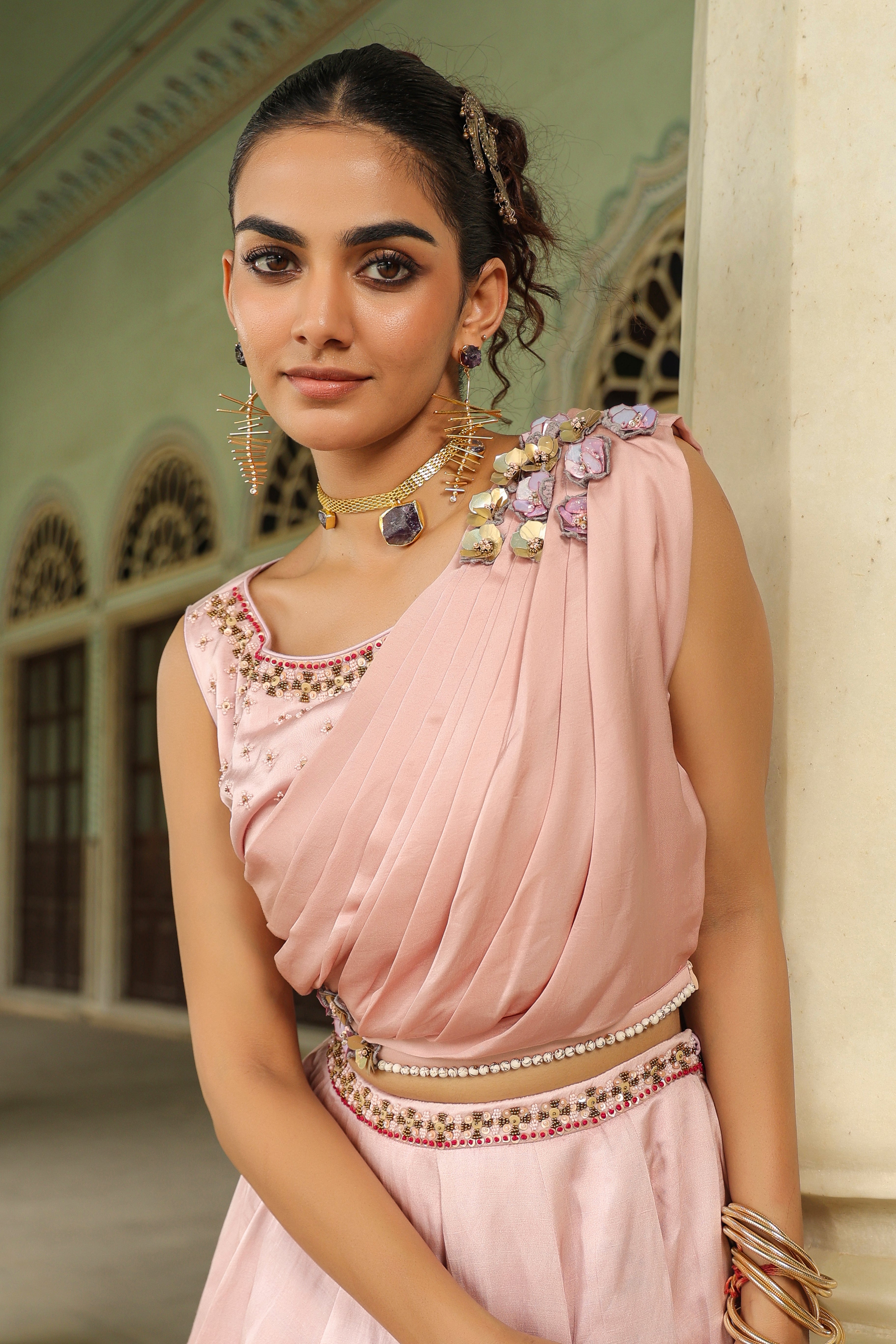 Peach Blush Floral Printed Satin Silk Lehenga Set