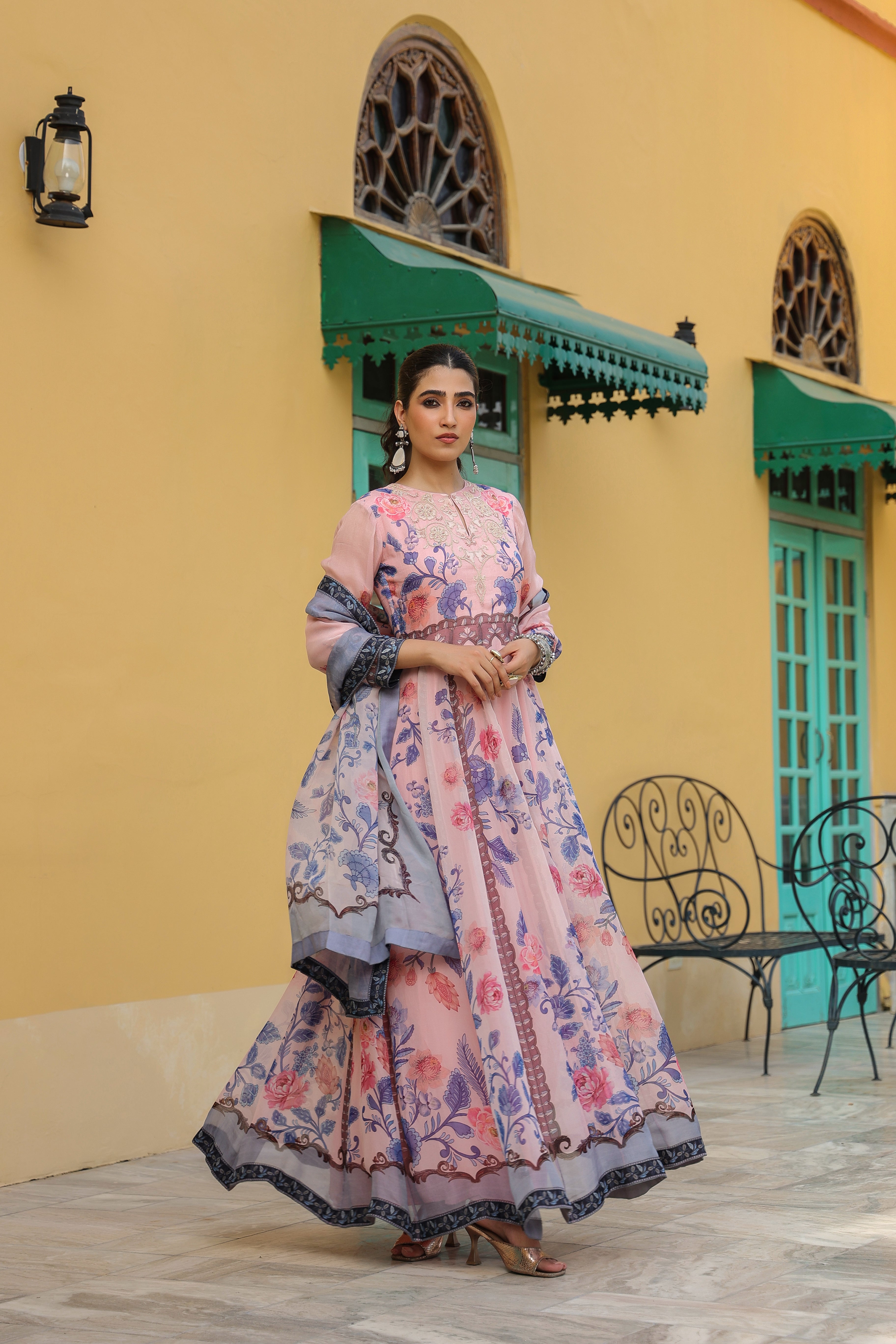 Pale Pink Floral Printed Georgette Silk Gown