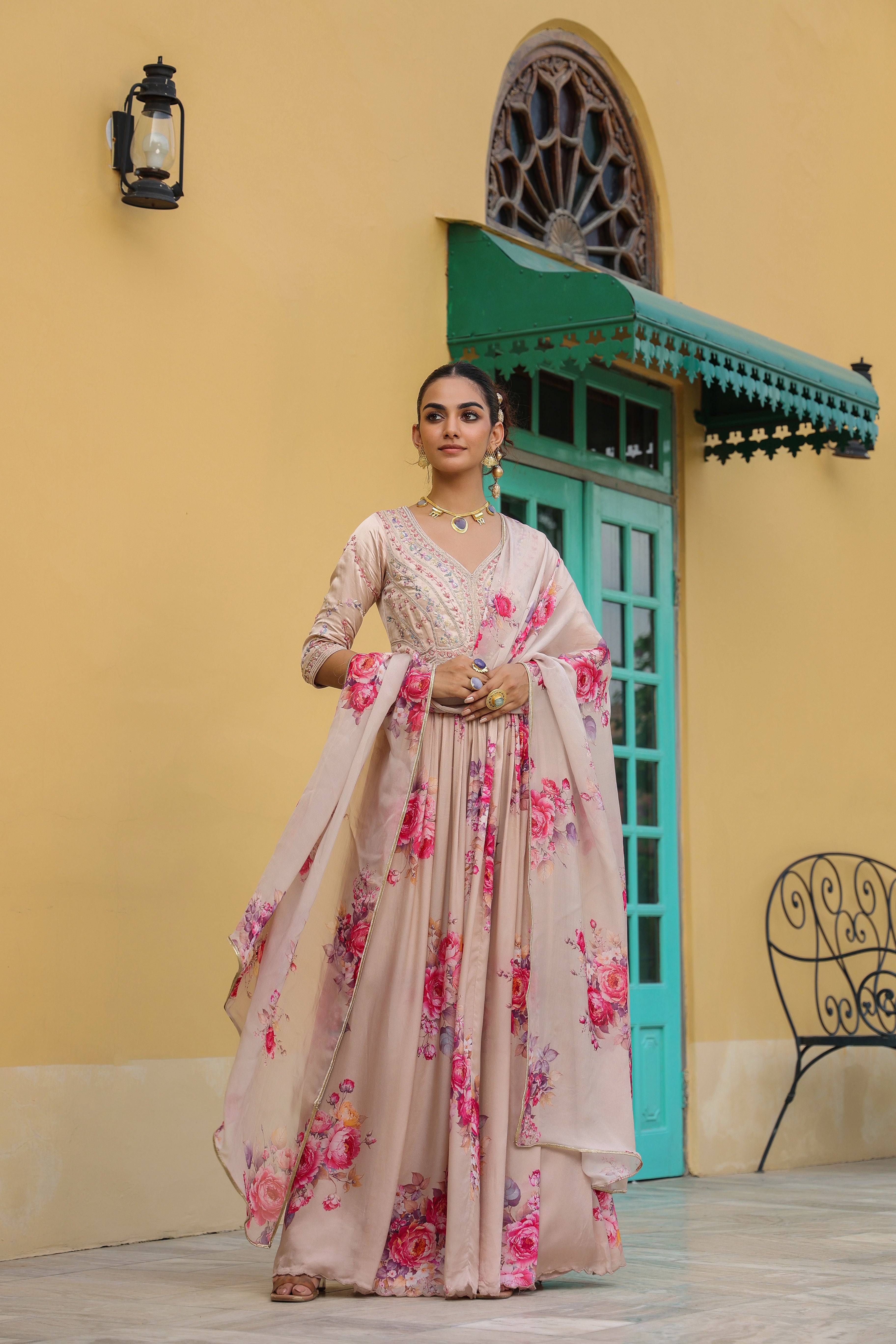 Peach Floral Printed Satin Silk Gown