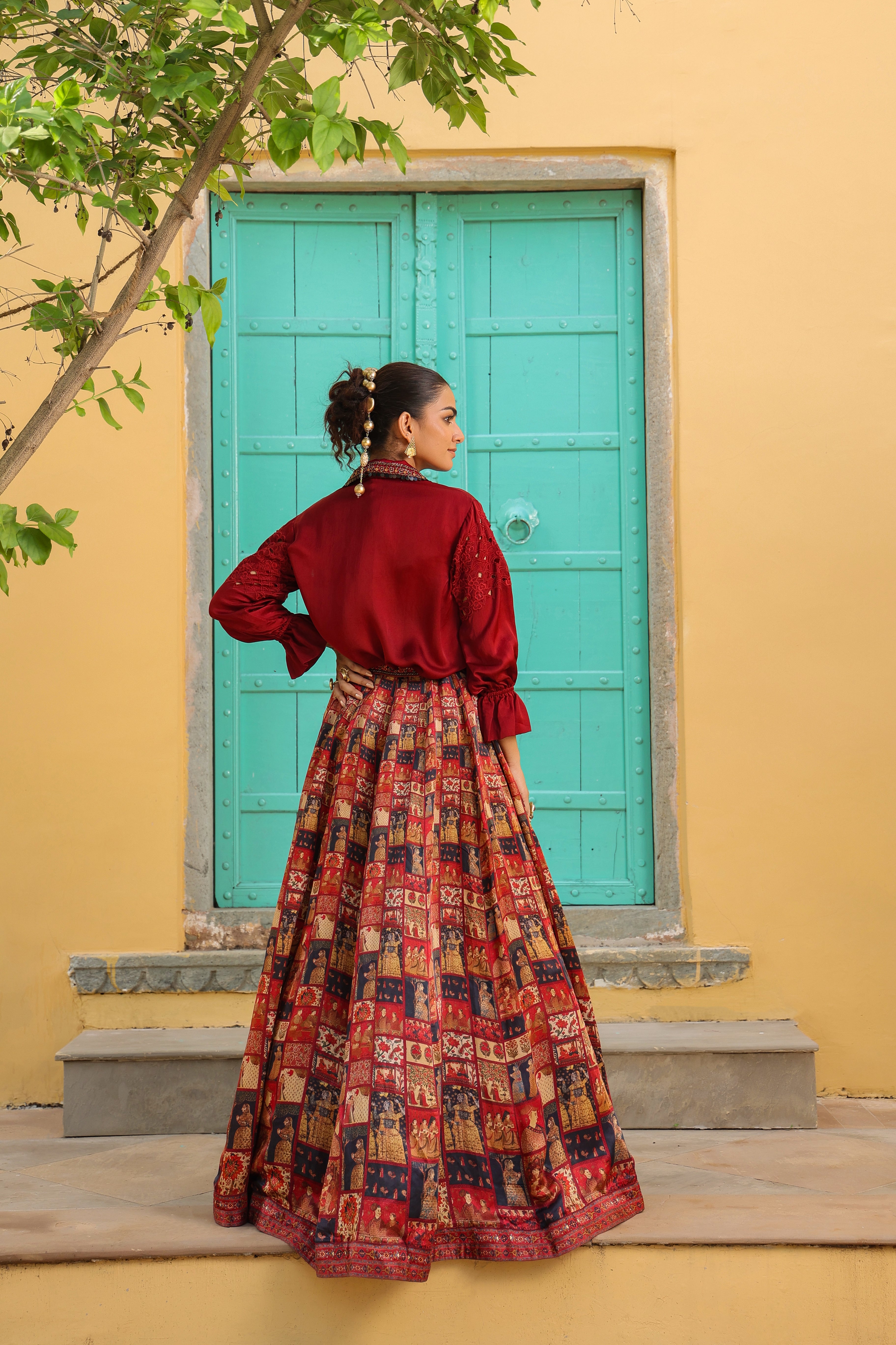 Maroon Ethnic Printed Raw Silk Lehenga Set