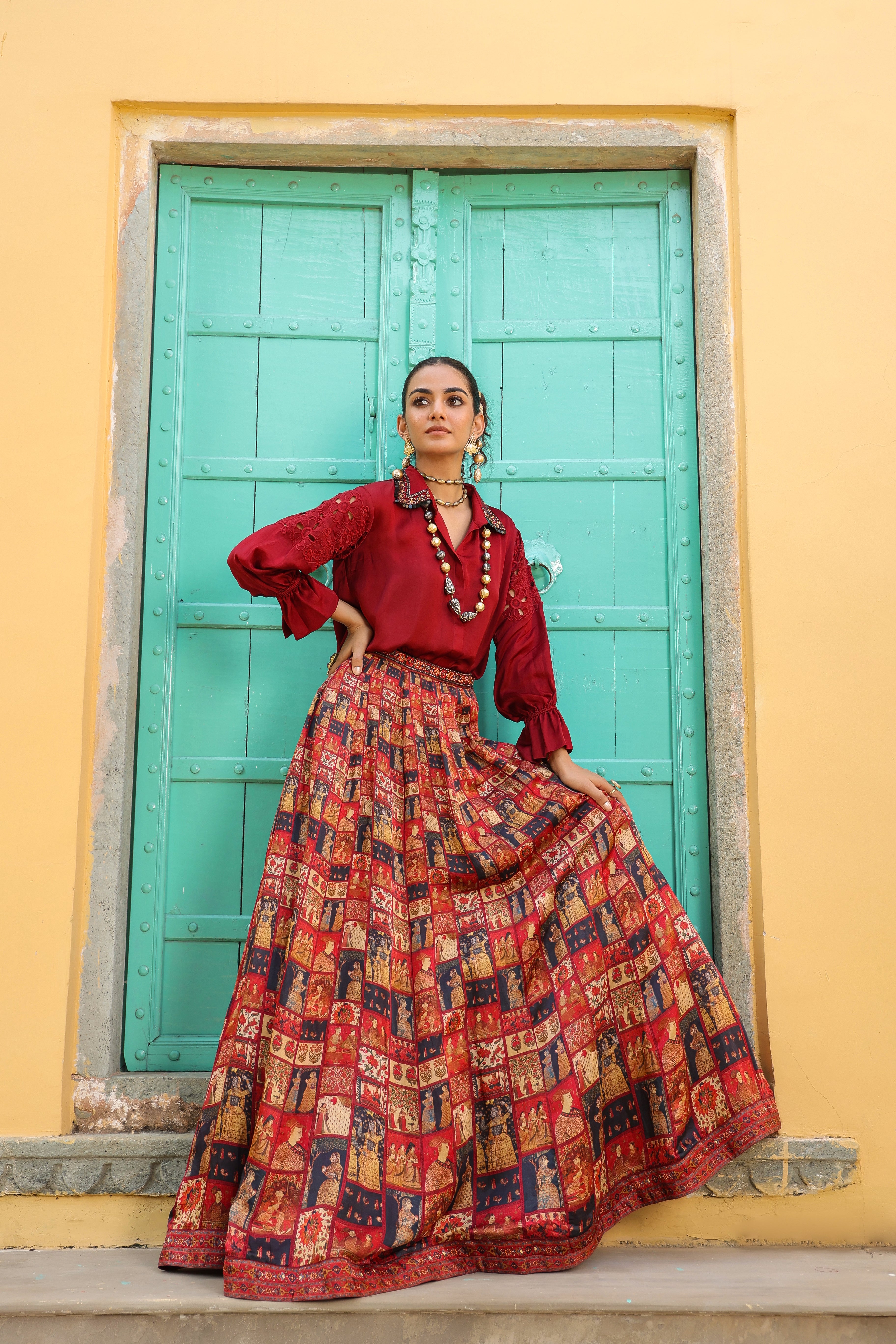 Maroon Ethnic Printed Raw Silk Lehenga Set