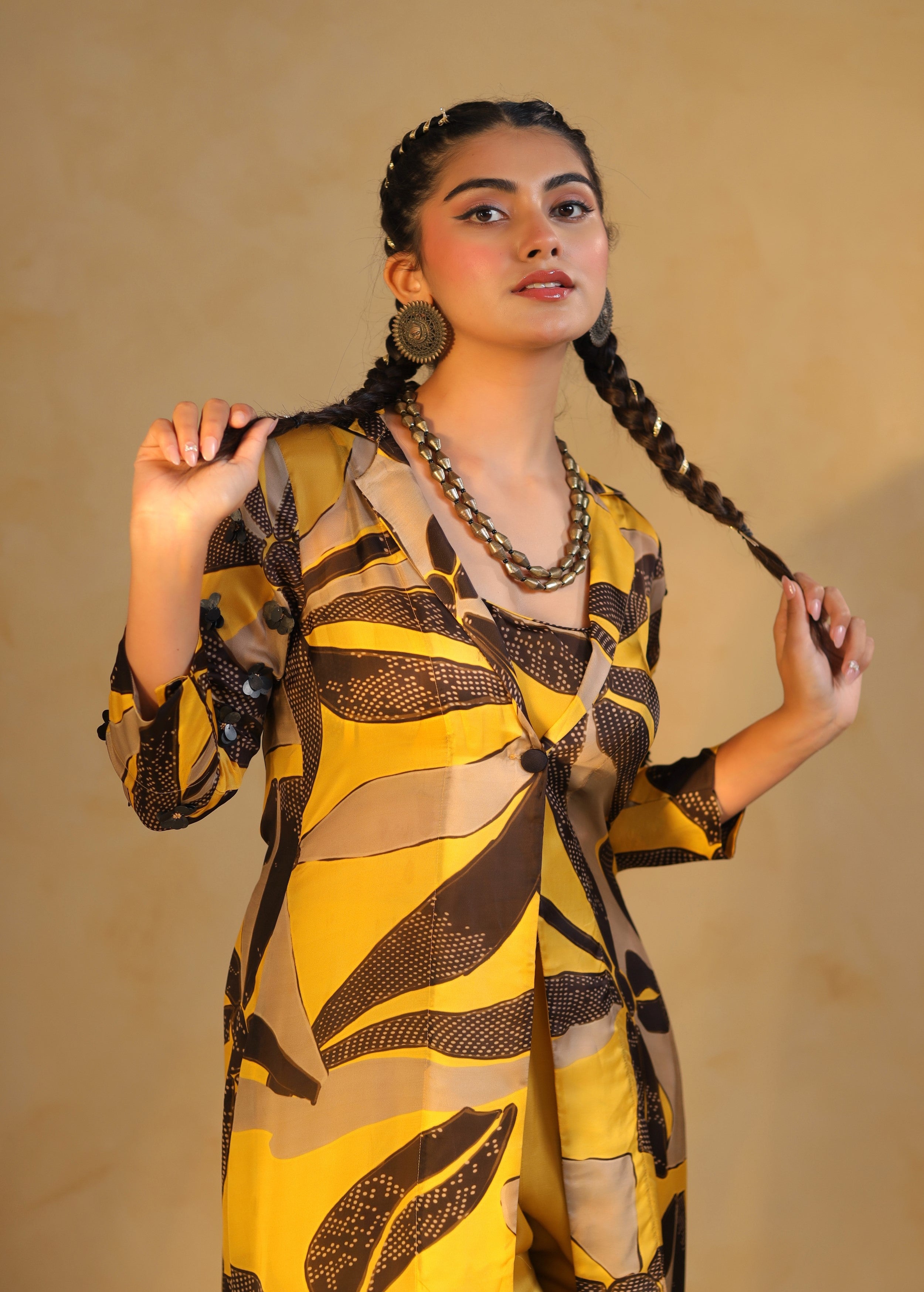 Sunshine Yellow Printed Satin Silk Jacket Palazzo Set