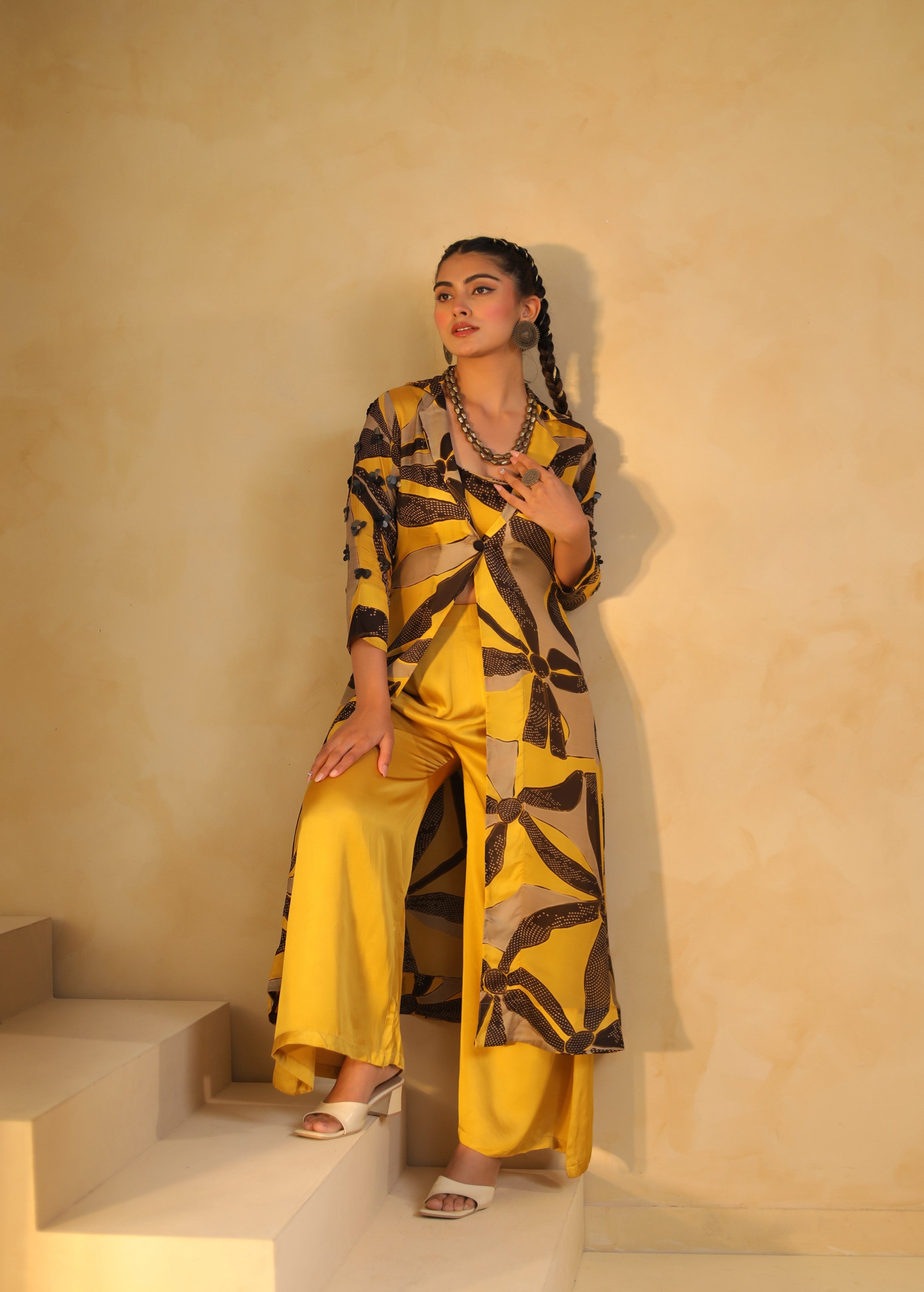 Sunshine Yellow Printed Satin Silk Jacket Palazzo Set