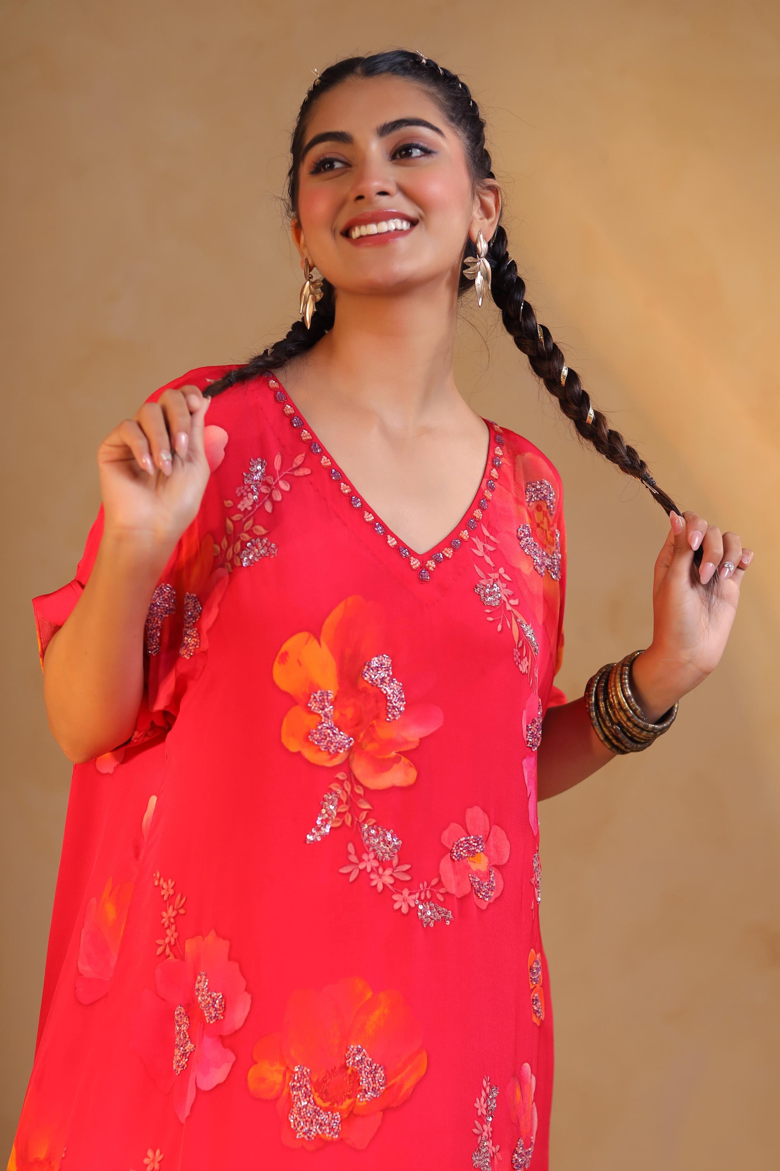 Coral Pink Printed Viscose Crepe Kurta Set