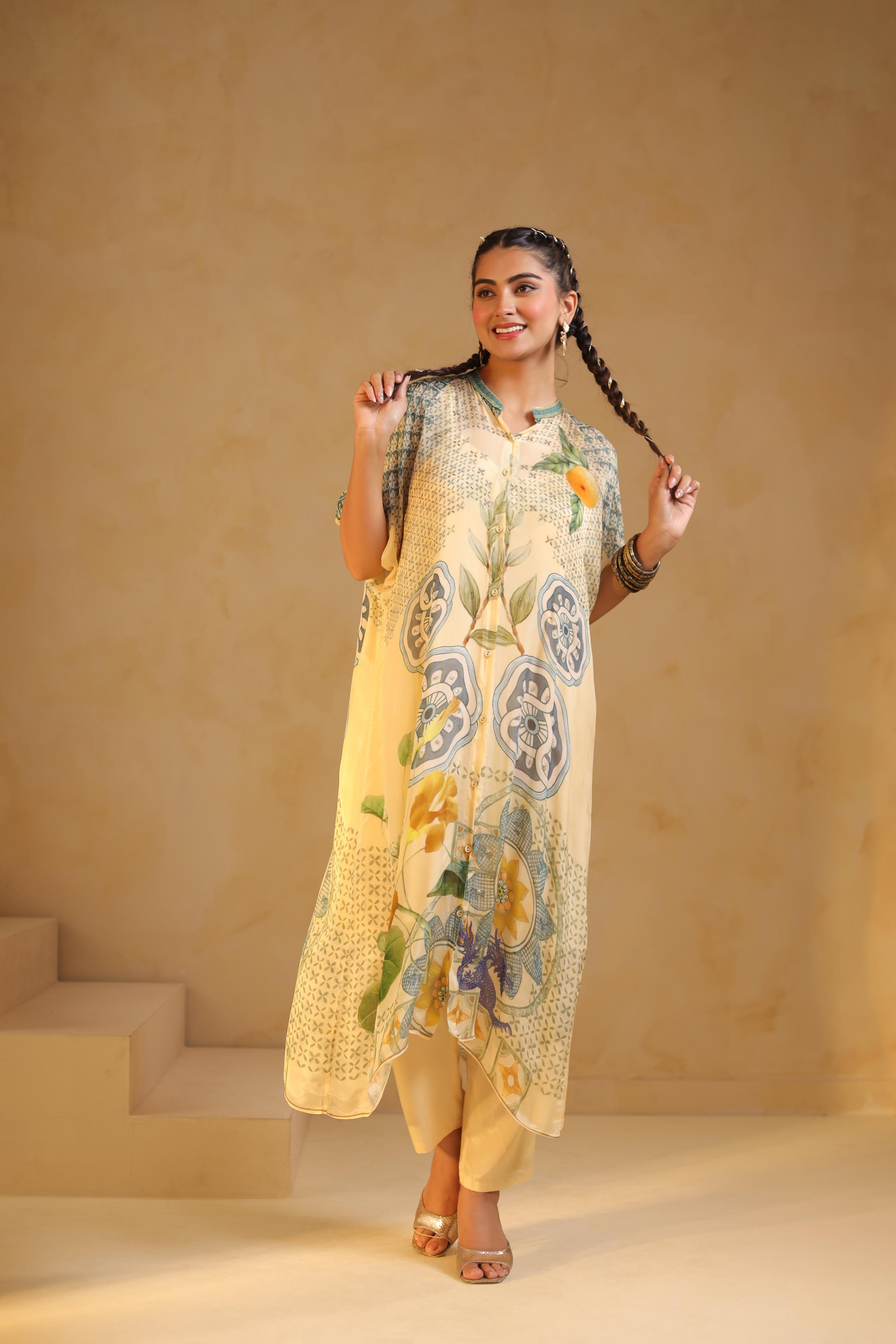 Vanilla Mist Printed Chinon Silk Kurta Set