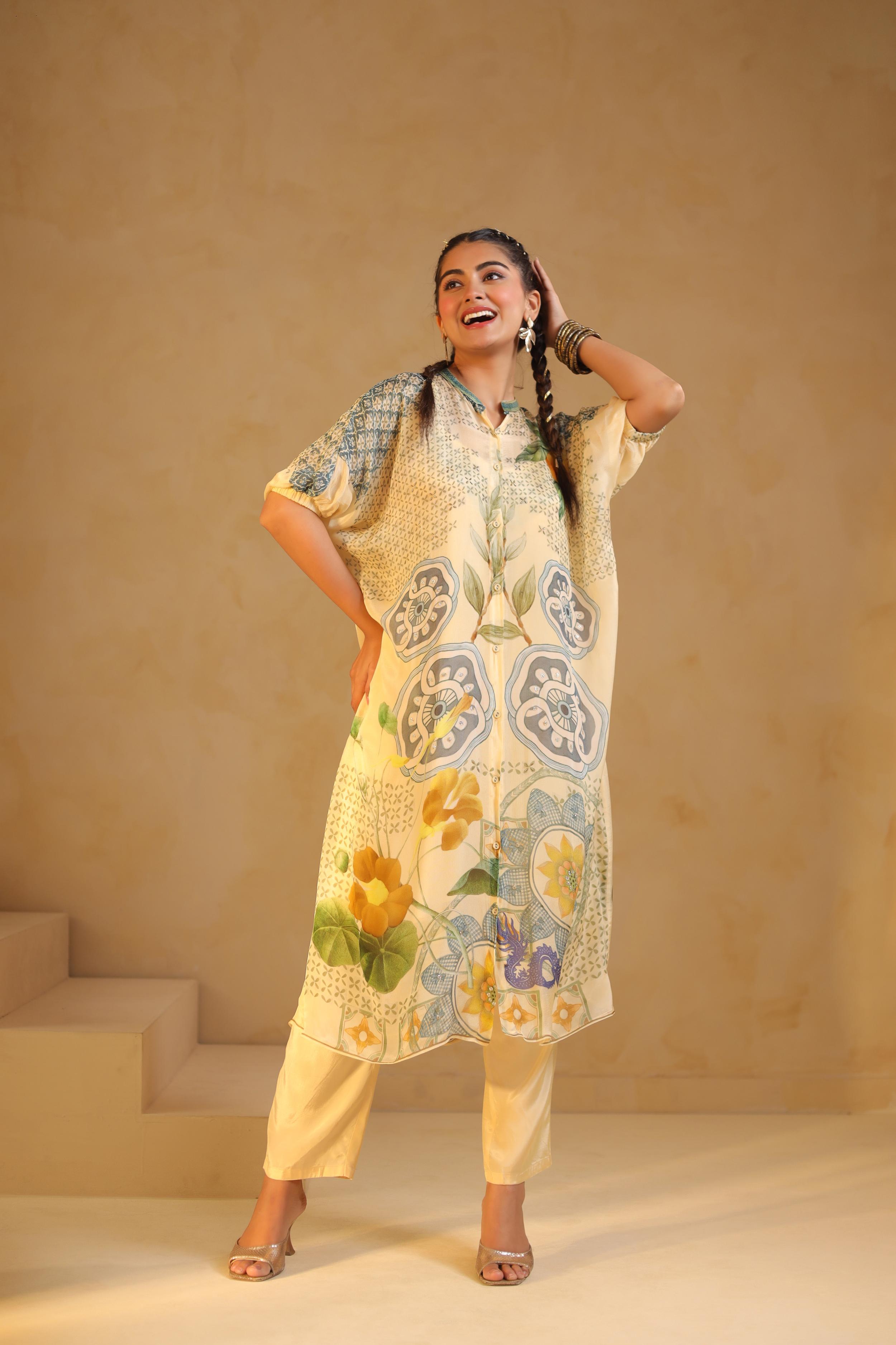 Vanilla Mist Printed Chinon Silk Kurta Set