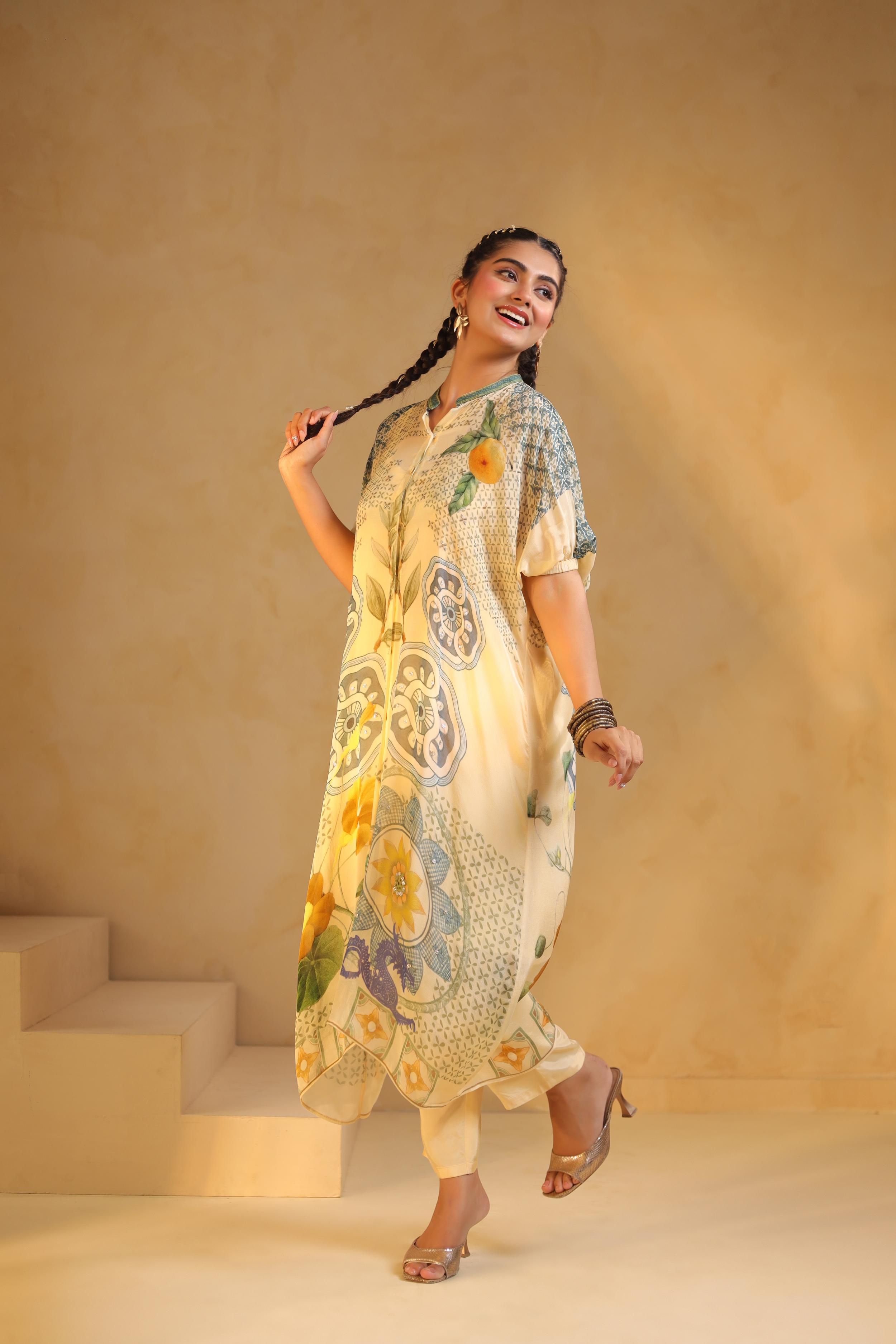 Vanilla Mist Printed Chinon Silk Kurta Set