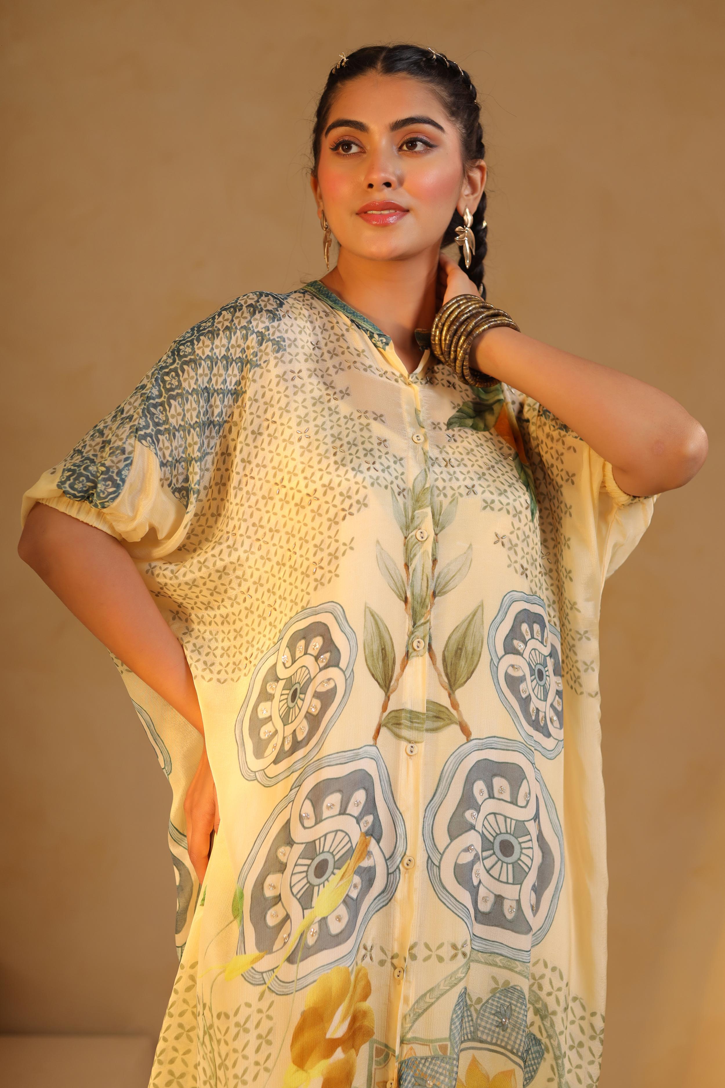 Vanilla Mist Printed Chinon Silk Kurta Set