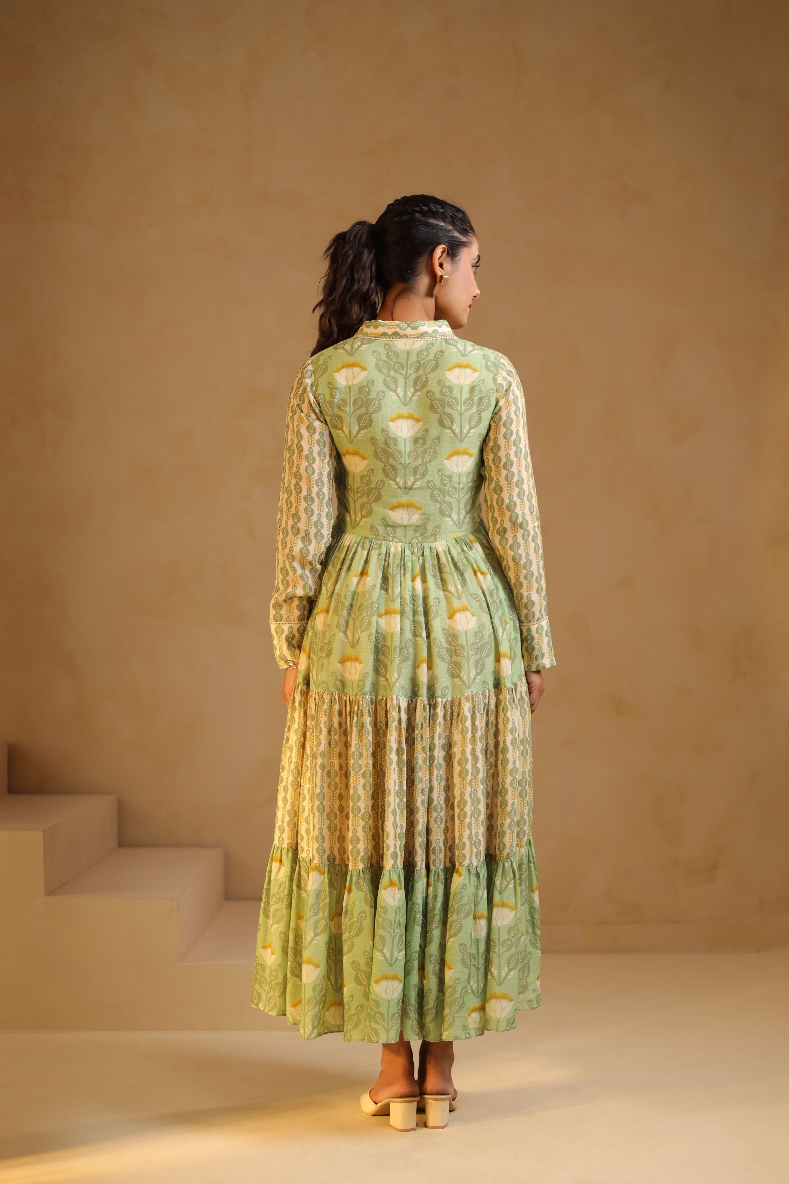 Mint Green Linen Printed Flayered Dress