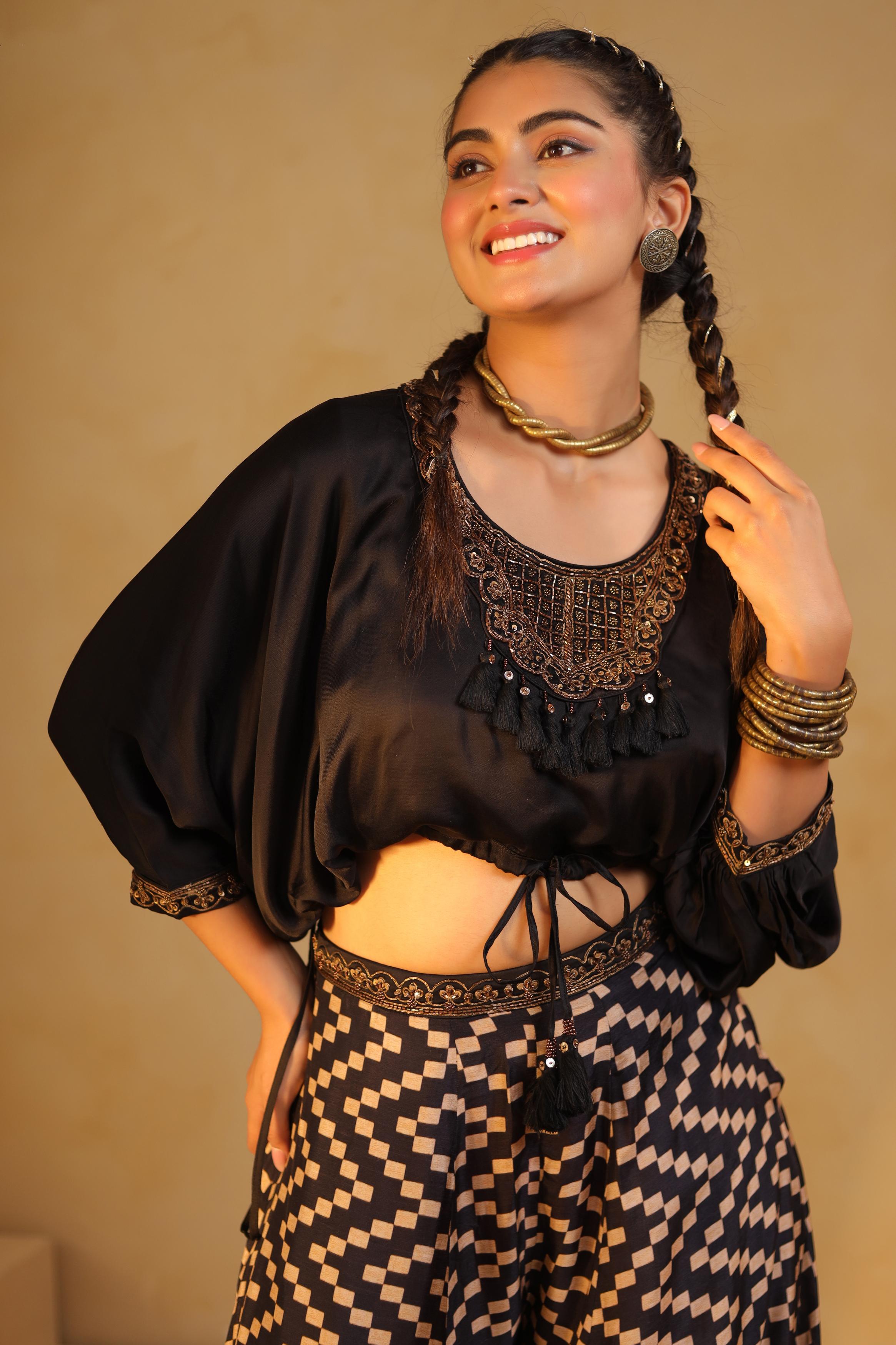 Black Embellished Modal Satin Co-Ord Set