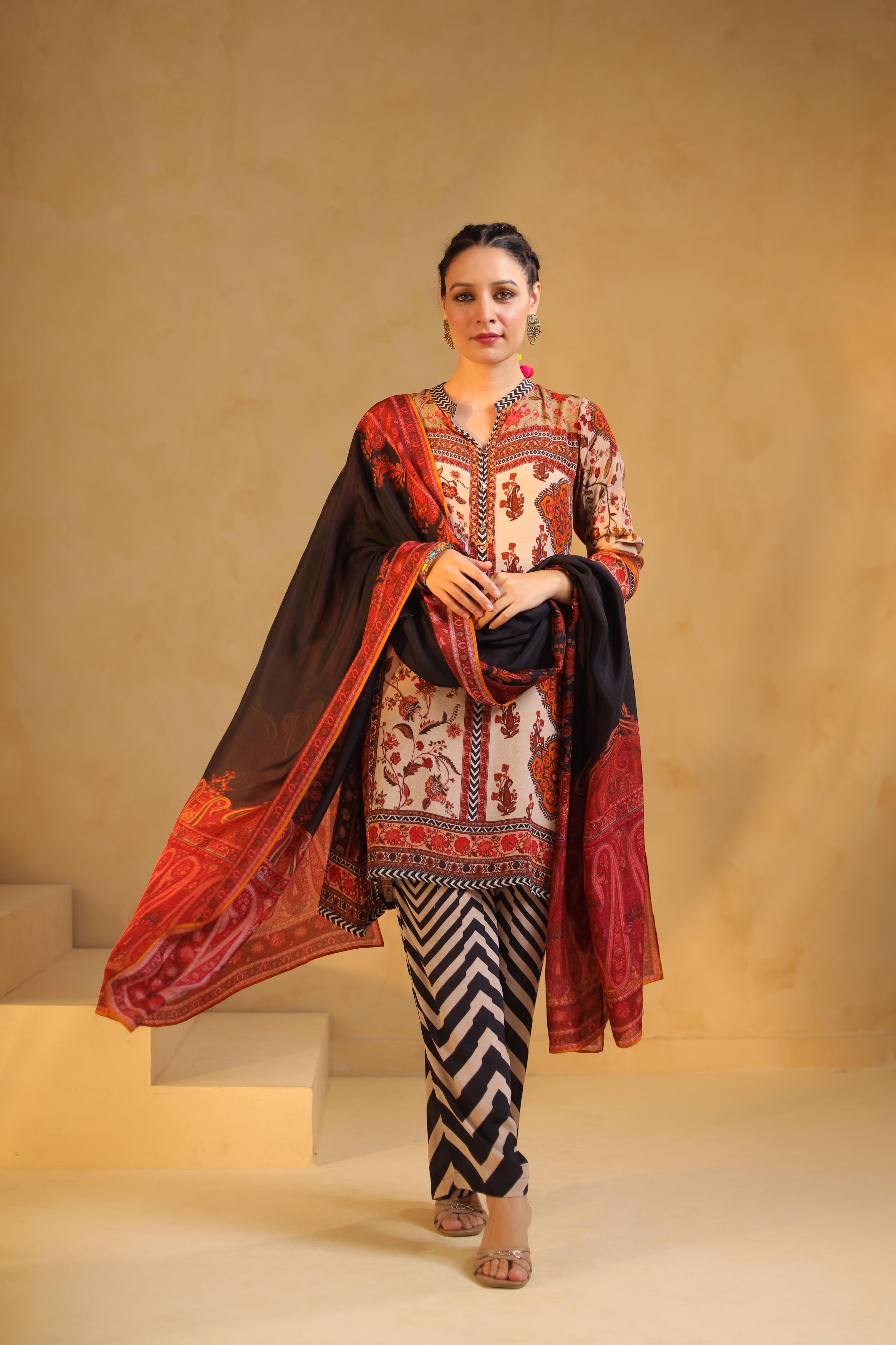 Multicolor Printed Dola Silk Pant Set