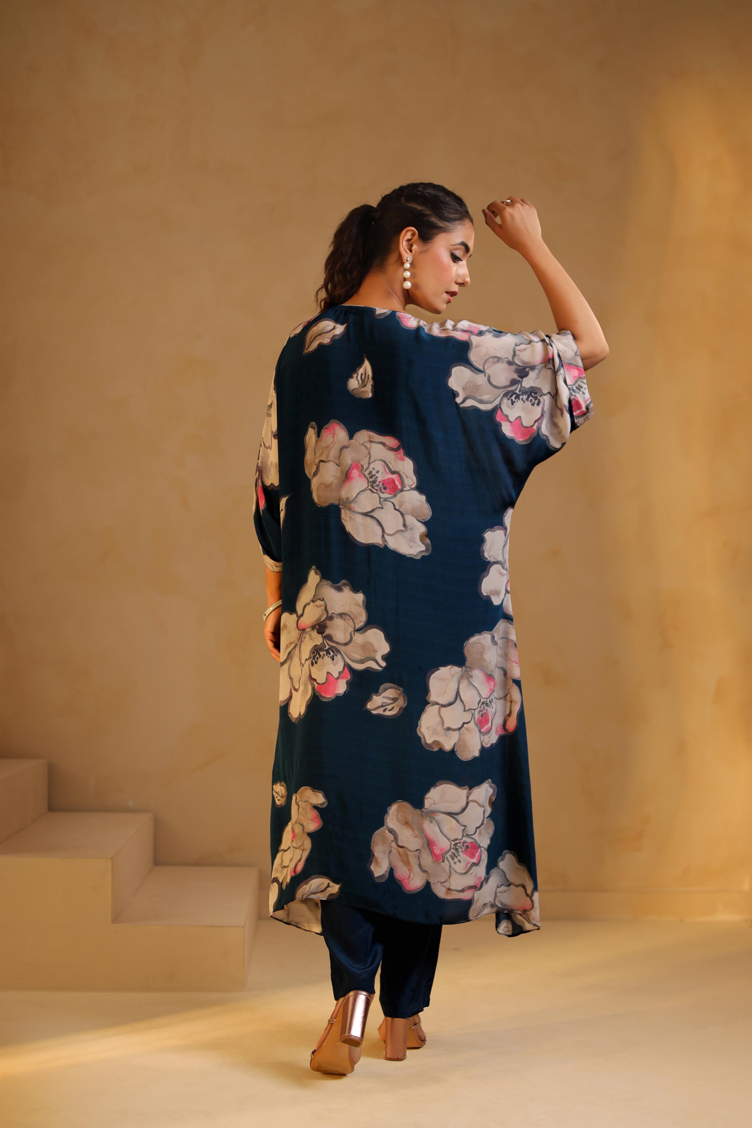 Deep Teal Printed Viscose Crepe Kurta Set