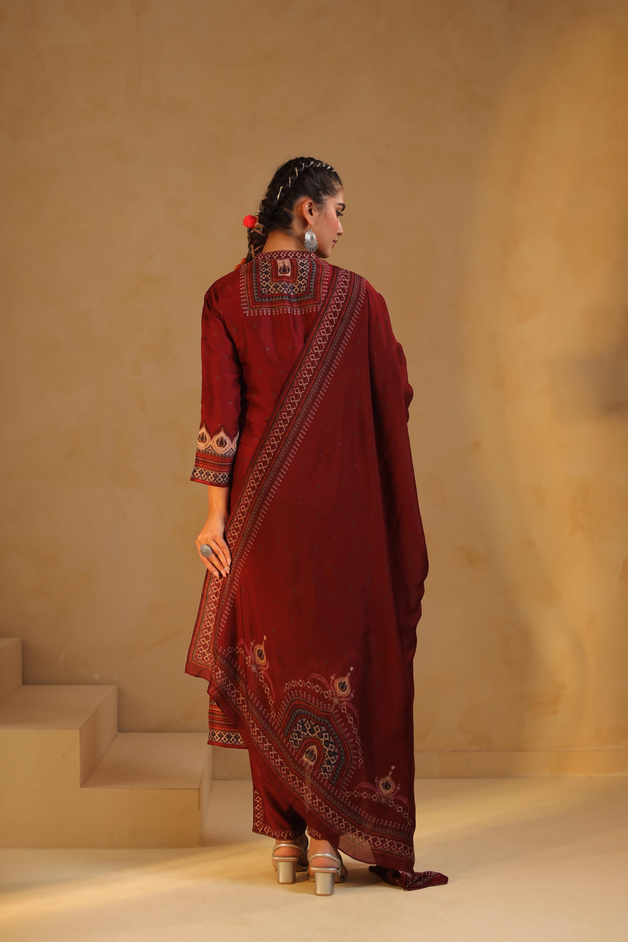 Maroon Printed Dola Silk Pant Set