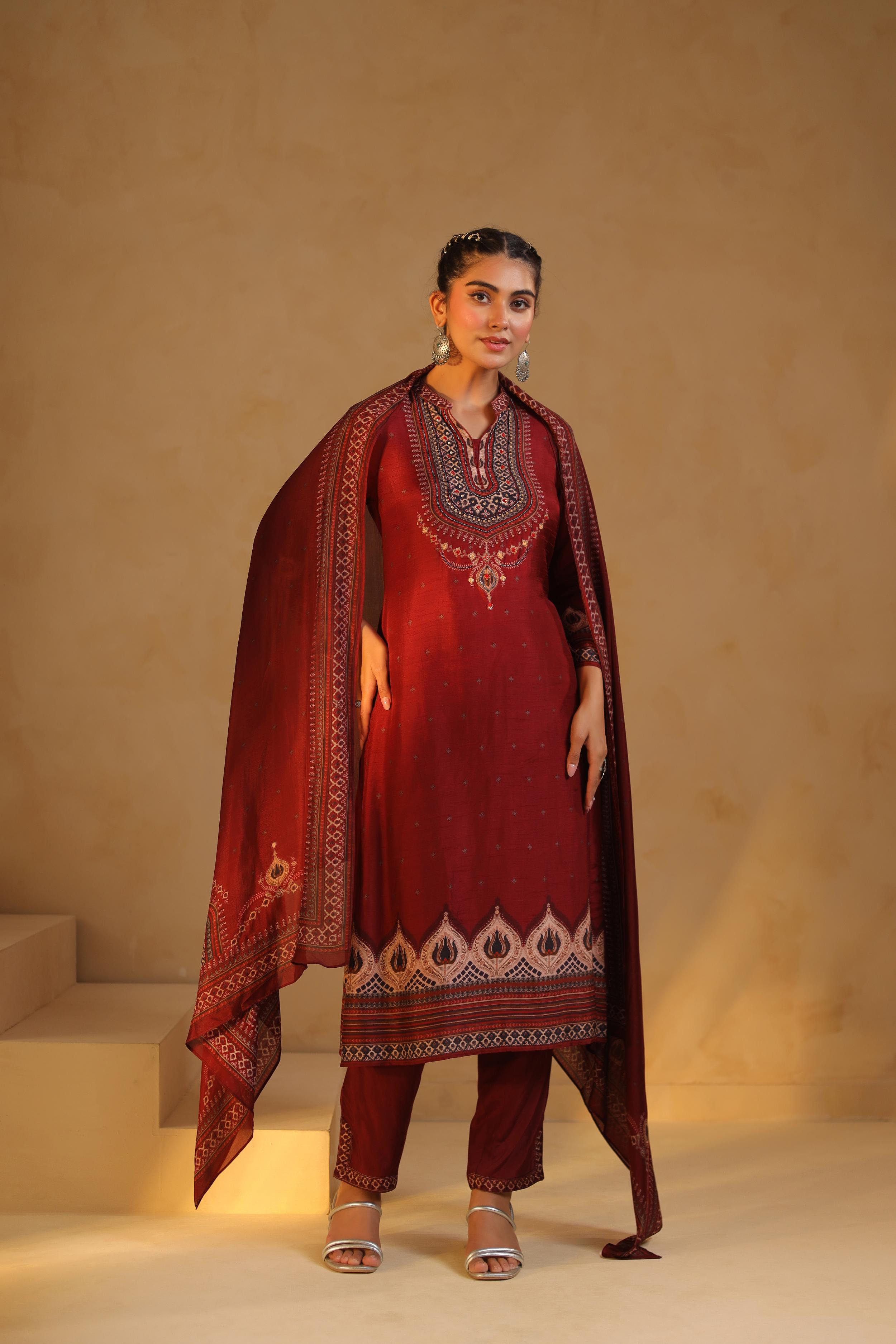 Maroon Printed Dola Silk Pant Set