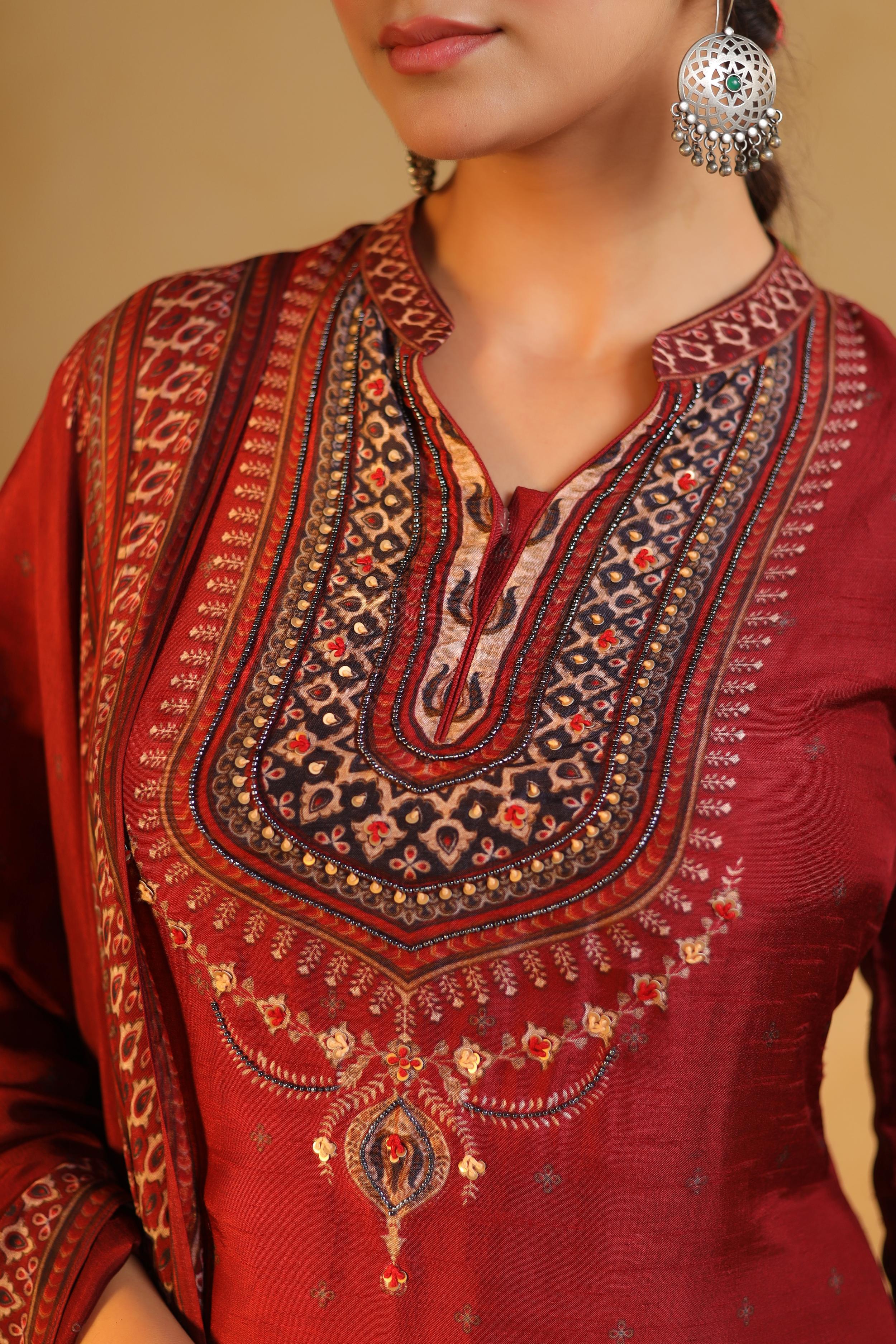 Maroon Printed Dola Silk Pant Set