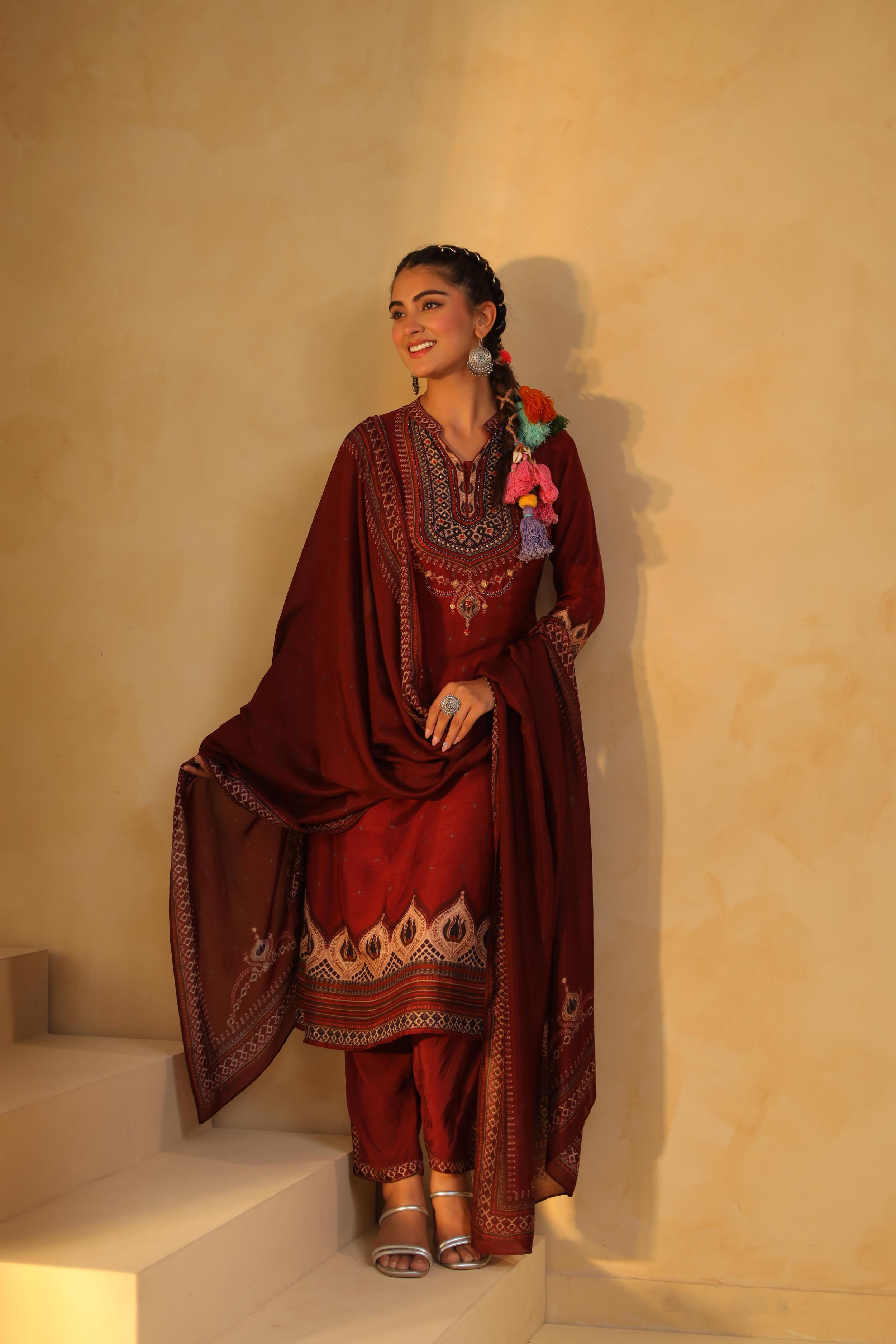 Maroon Printed Dola Silk Pant Set