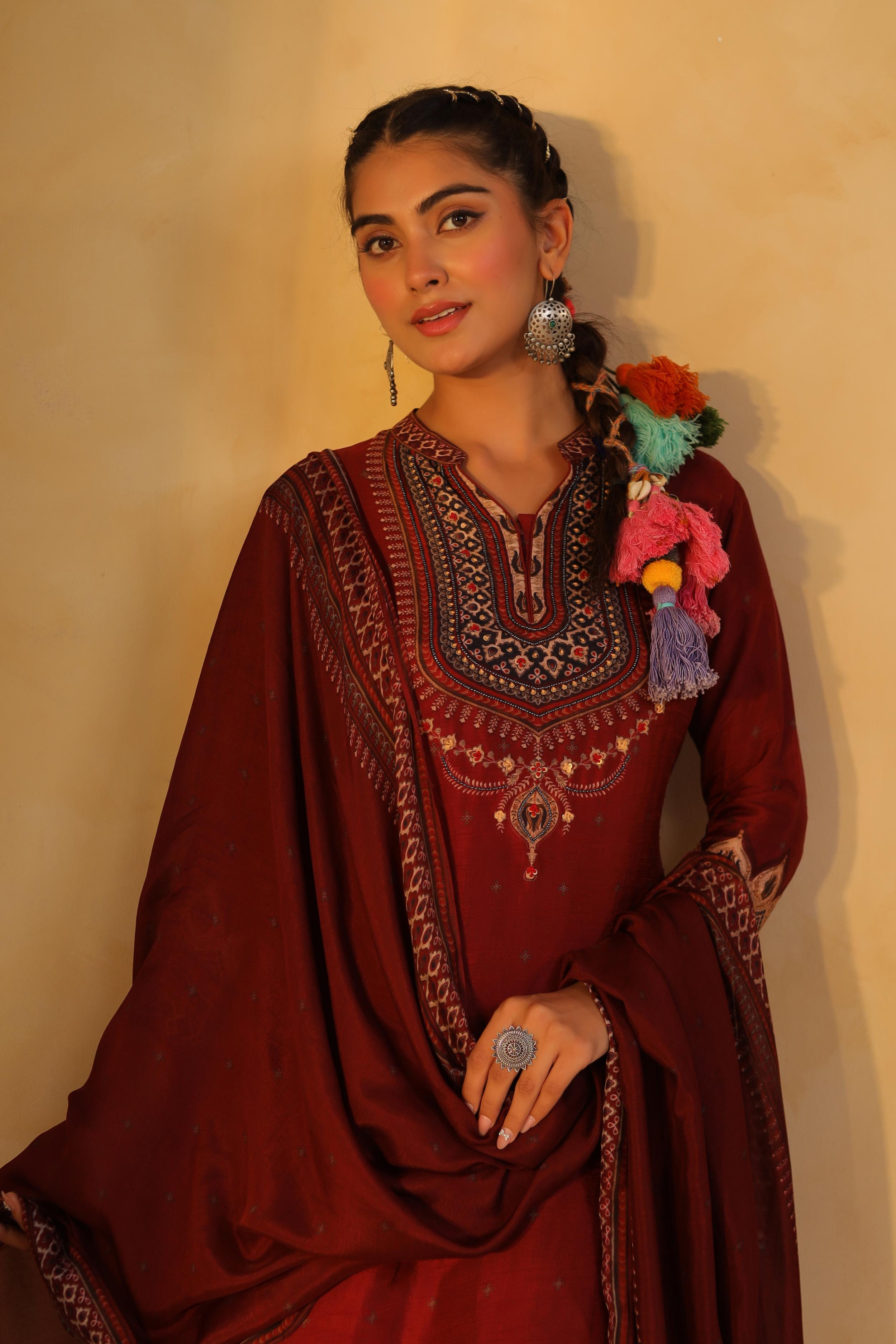 Maroon Printed Dola Silk Pant Set