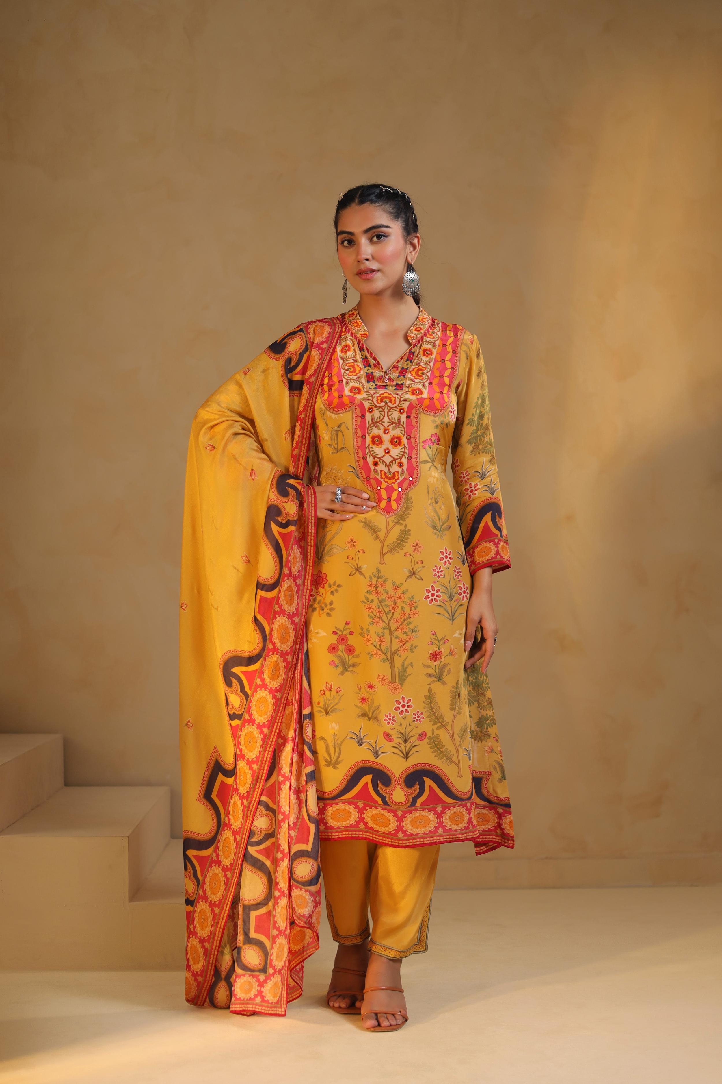 Mustard Yellow Printed Viscose Crepe Pant Set