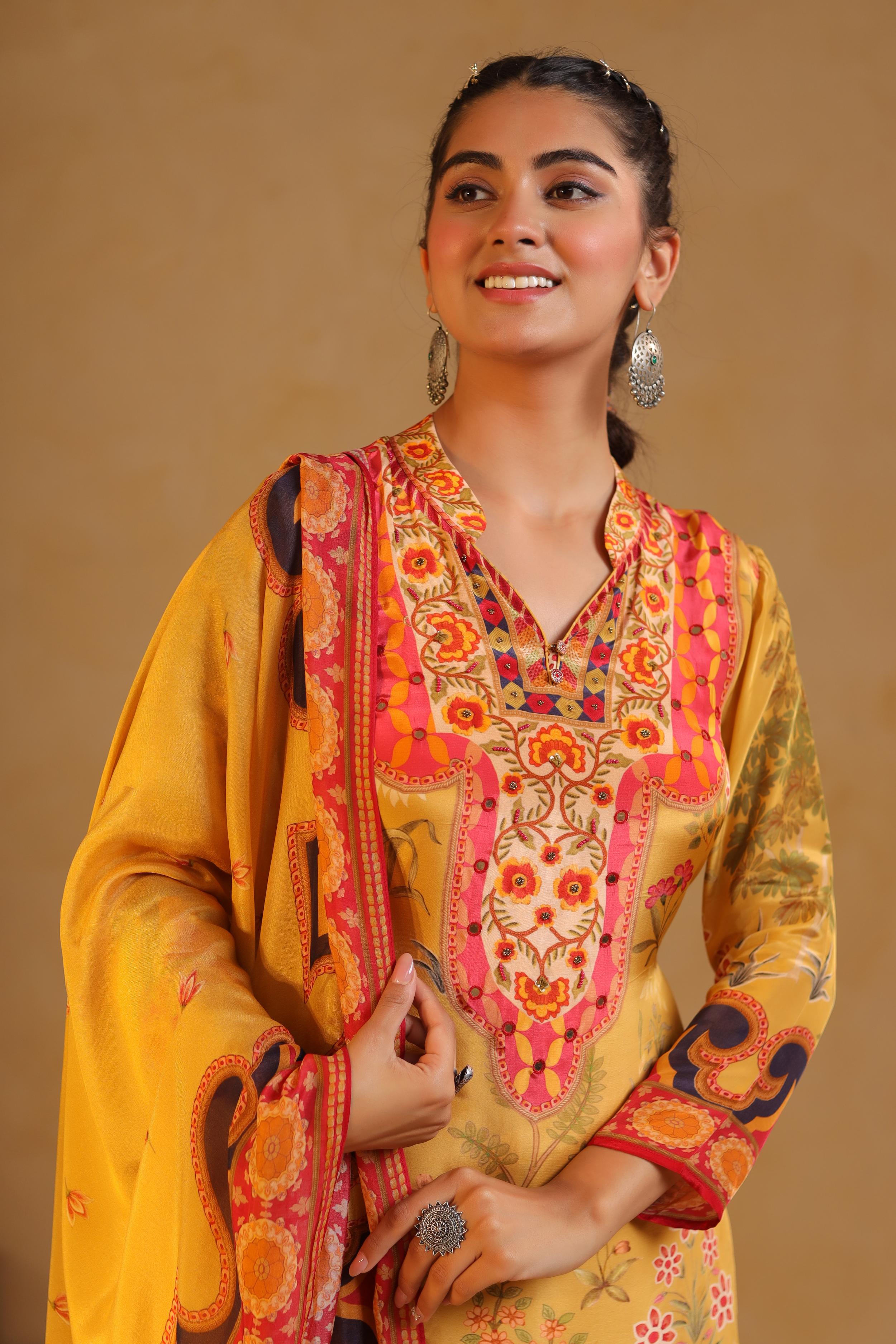 Mustard Yellow Printed Viscose Crepe Pant Set