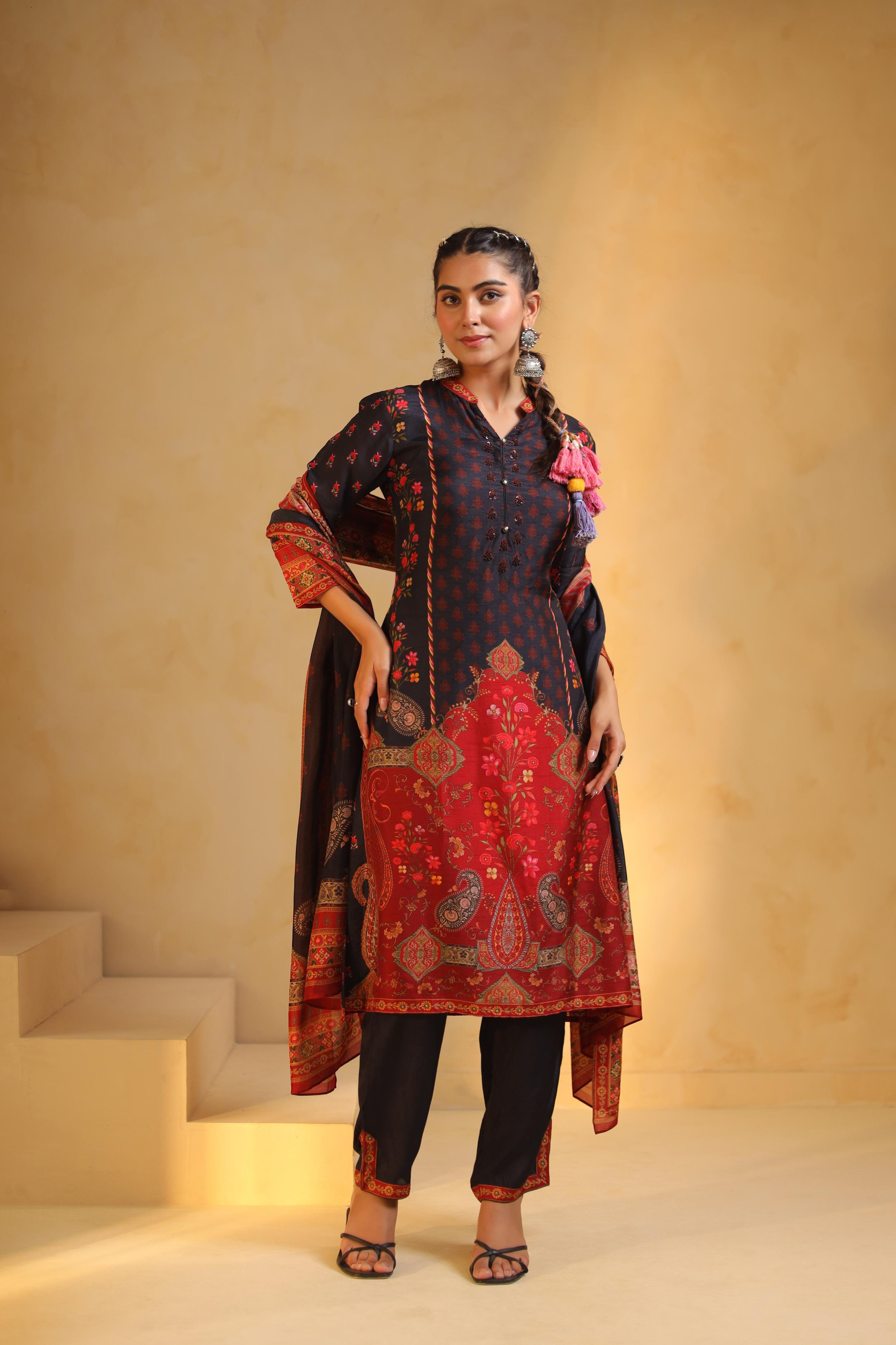 Black Printed Dola Silk Pant Set