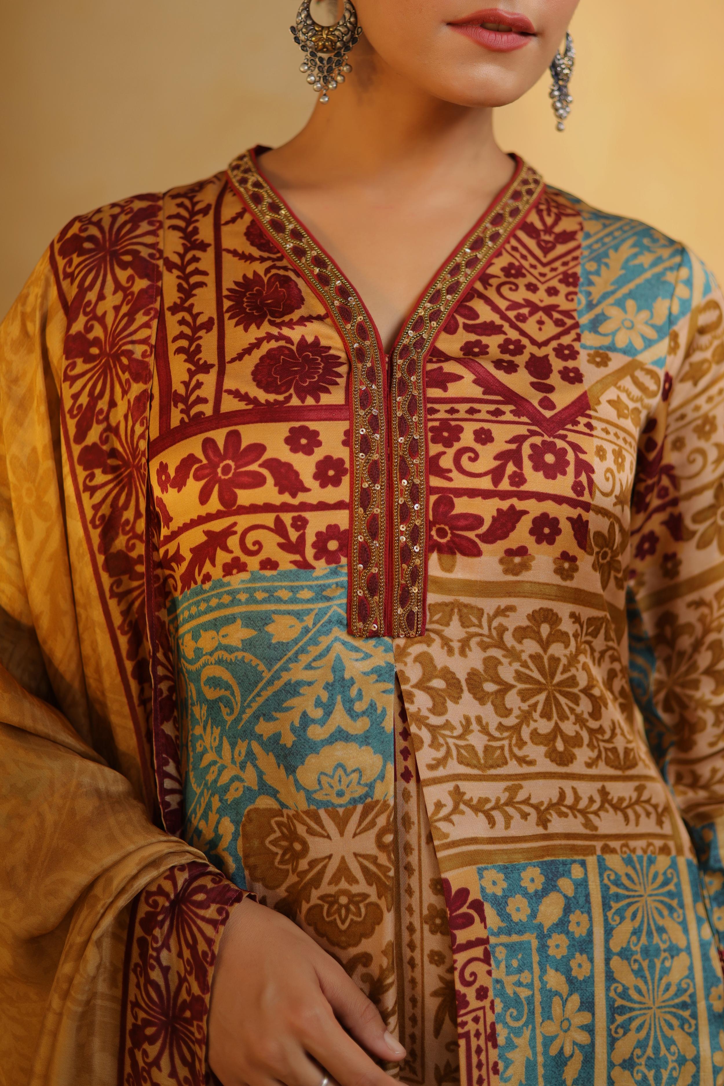 Multicolor Printed Linen Satin Pant Set