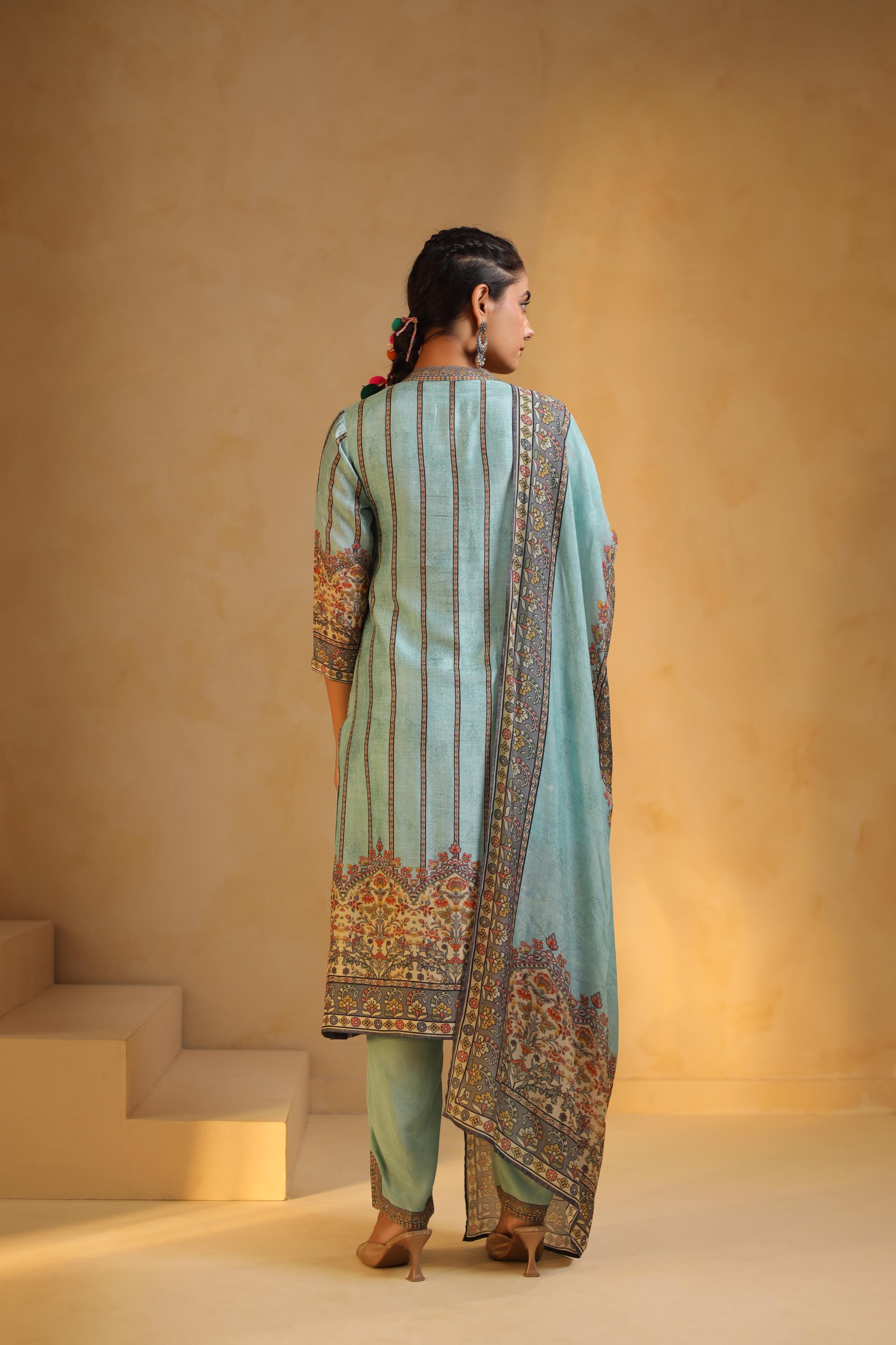 Aqua Blue Printed Dola Silk Pant Set