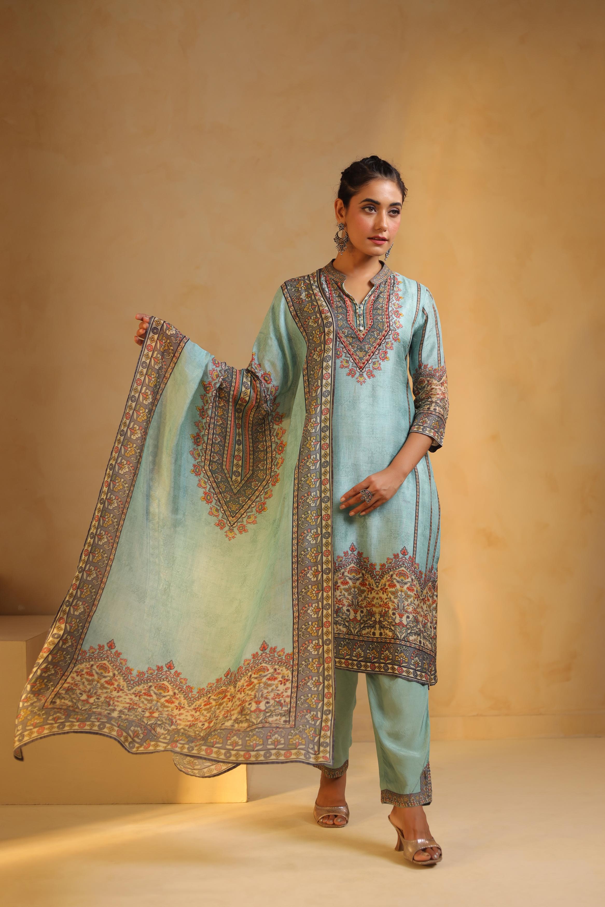 Aqua Blue Printed Dola Silk Pant Set