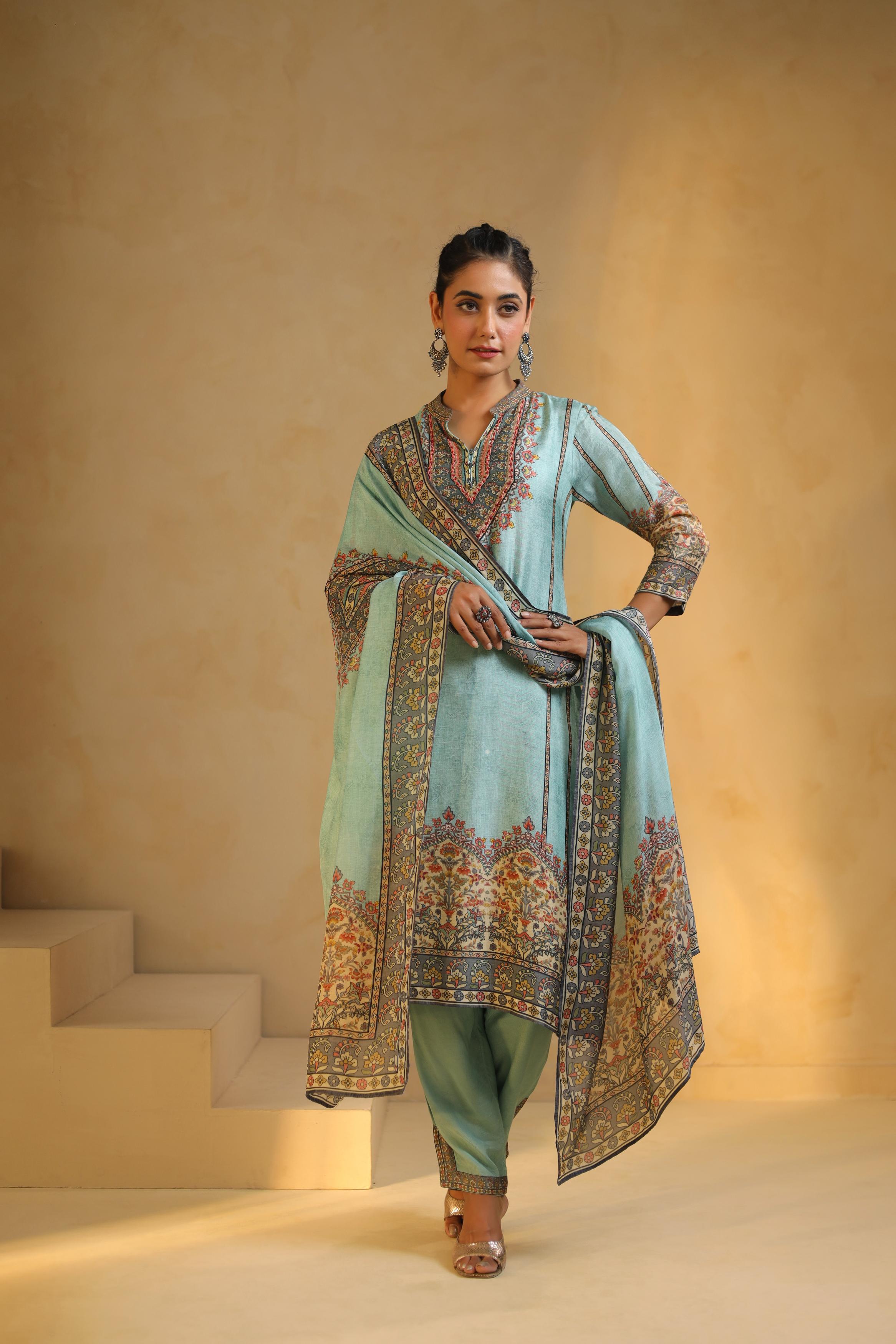 Aqua Blue Printed Dola Silk Pant Set