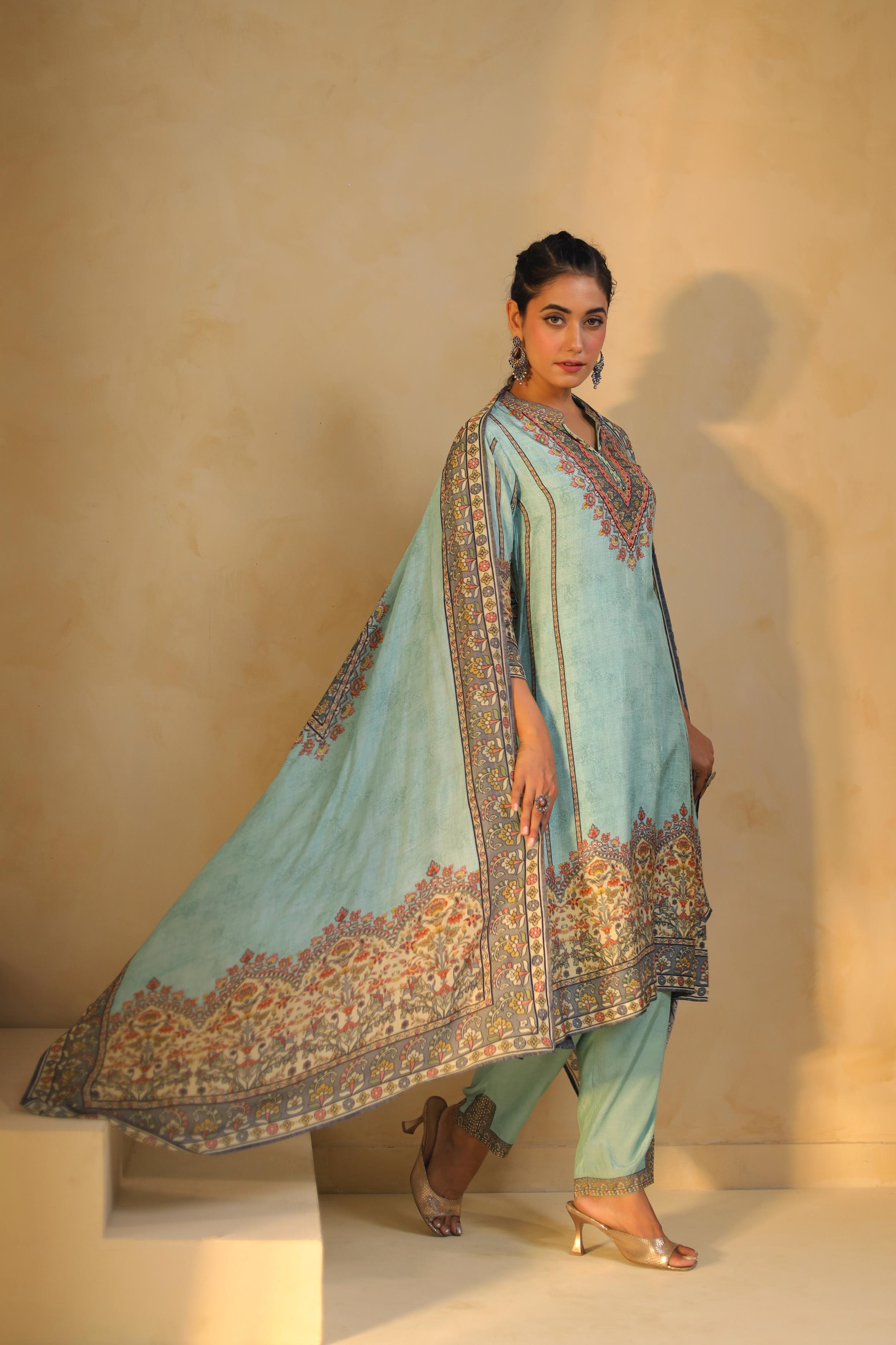Aqua Blue Printed Dola Silk Pant Set