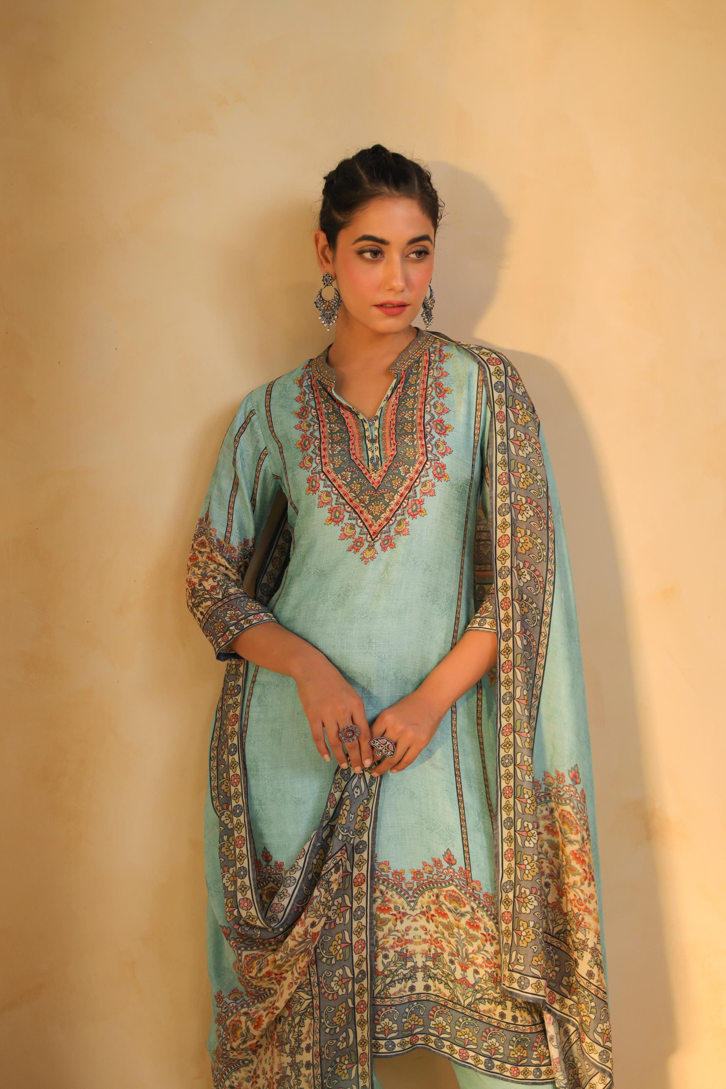 Aqua Blue Printed Dola Silk Pant Set