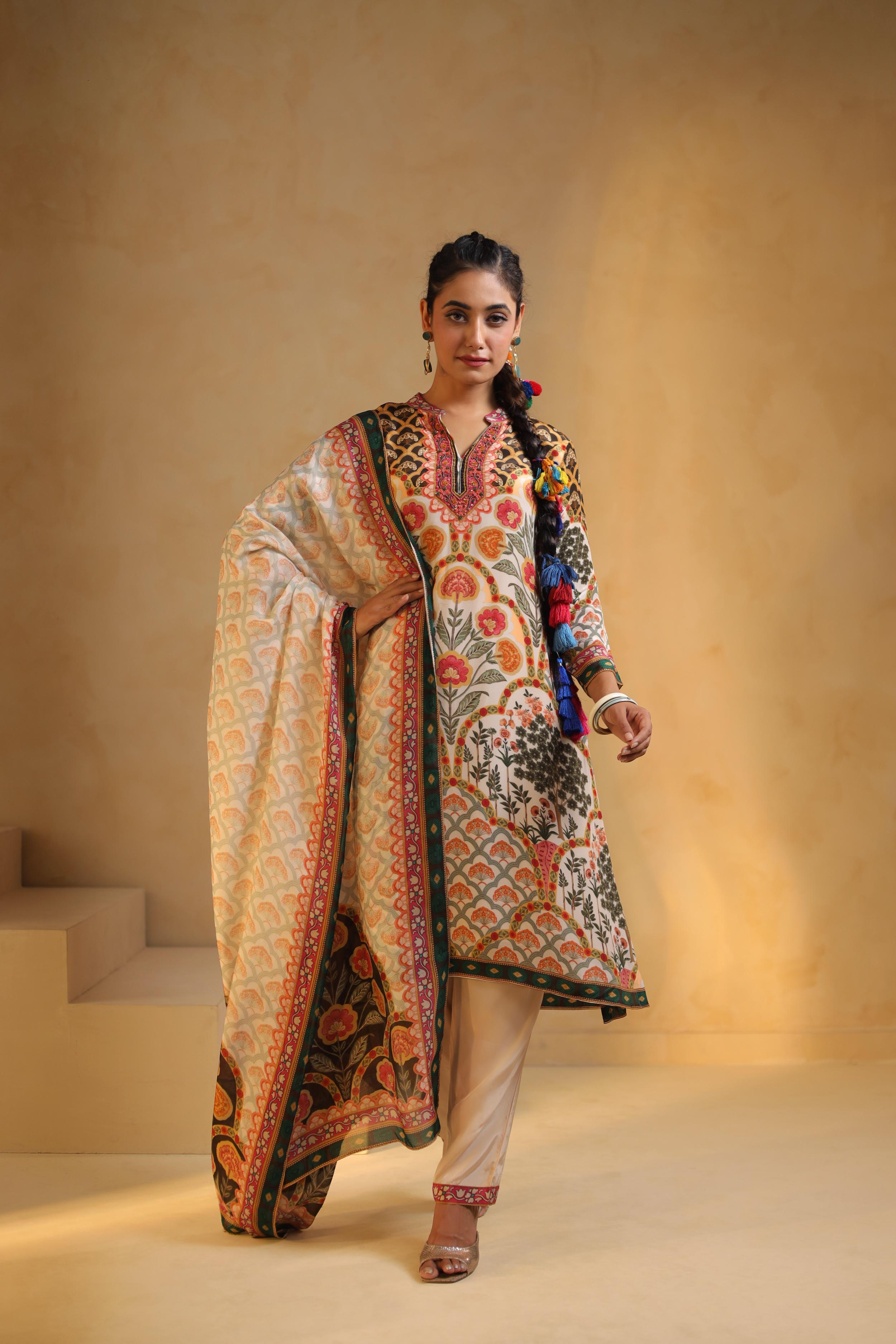 Ivory Printed Viscose Crepe Silk Pant Set