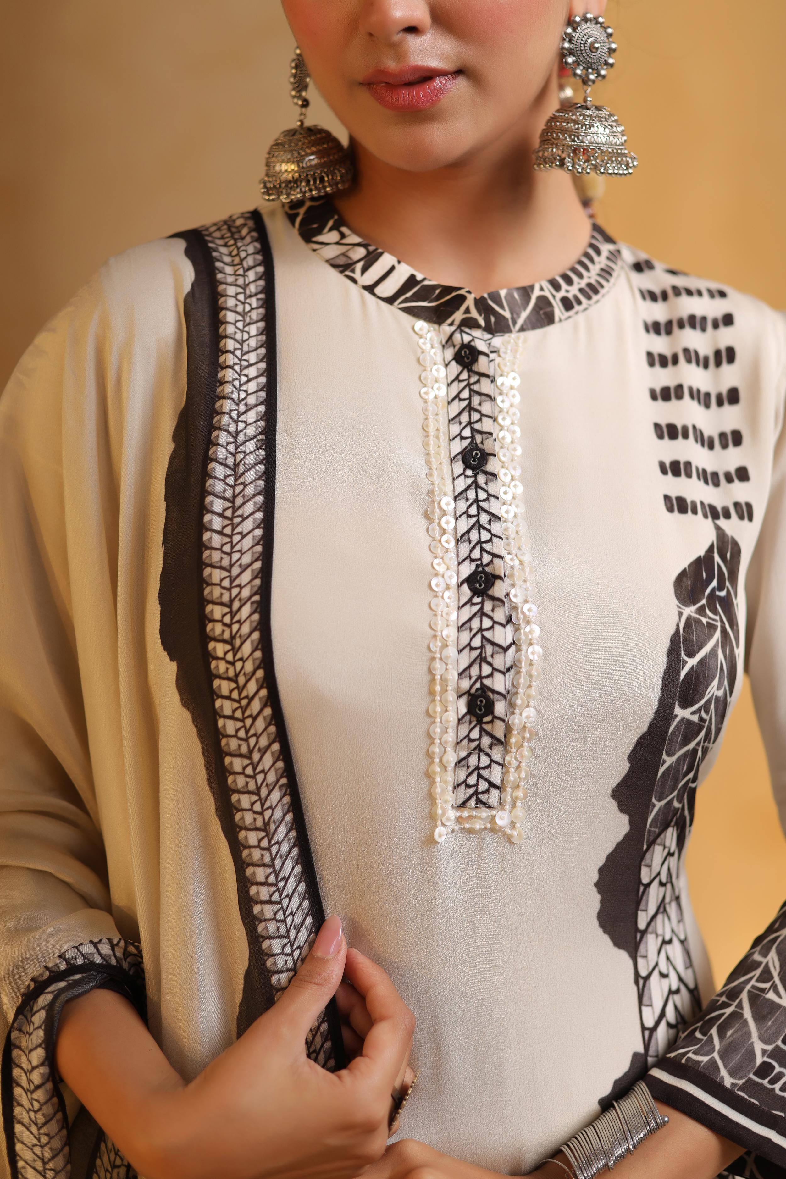 White Printed Viscose Crepe Silk Pant Set