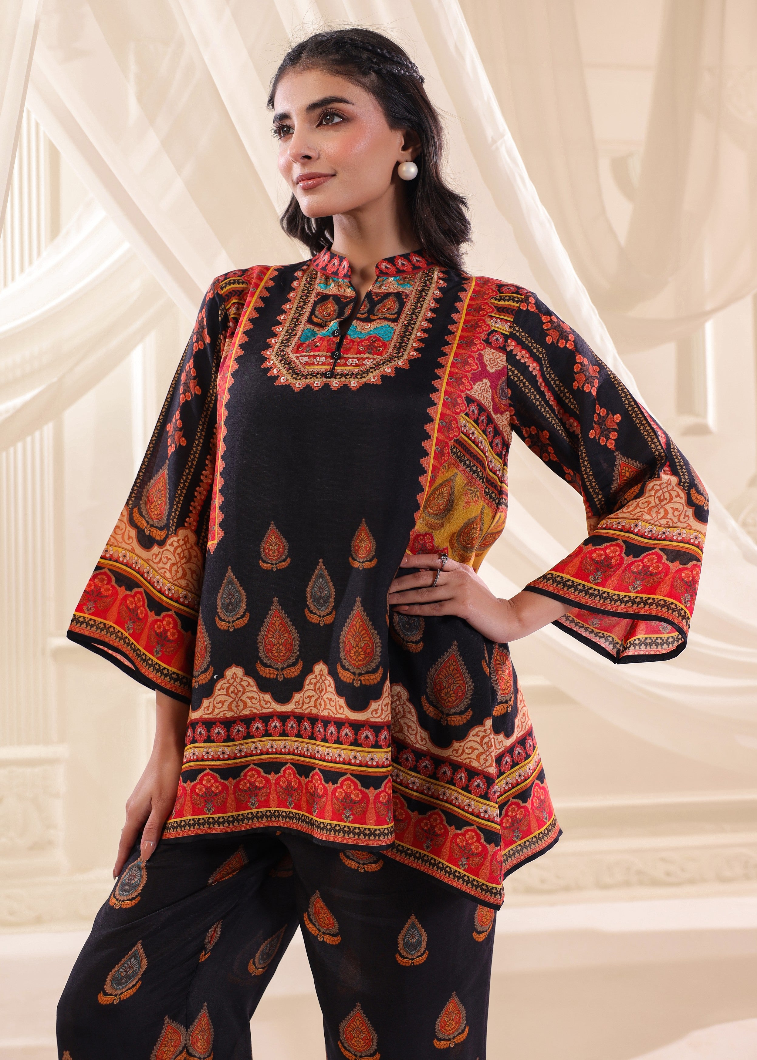 Navy Blue Embellished Dola Silk Co-Ord Set