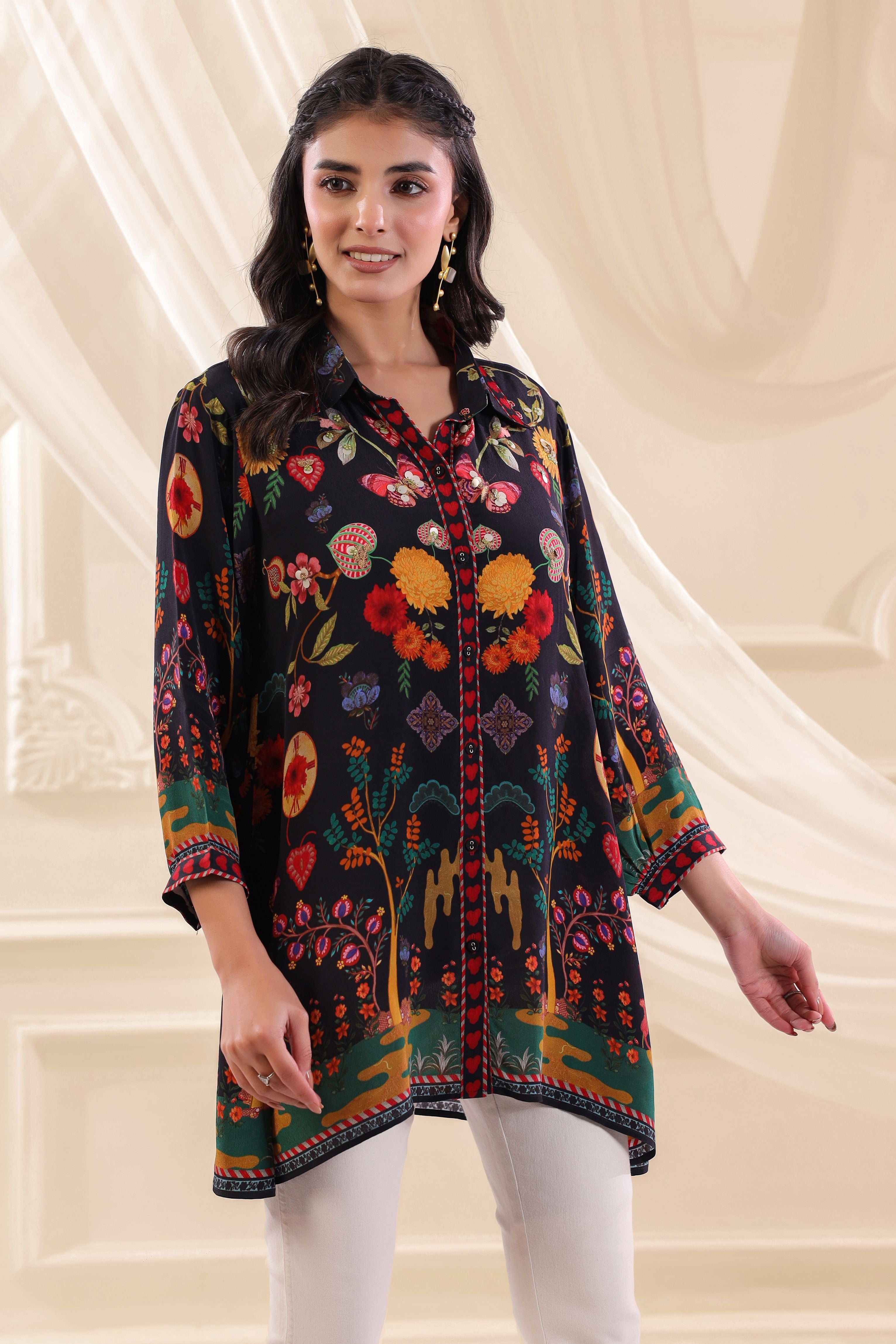 Midnight Garden Printed Crepe Silk Top