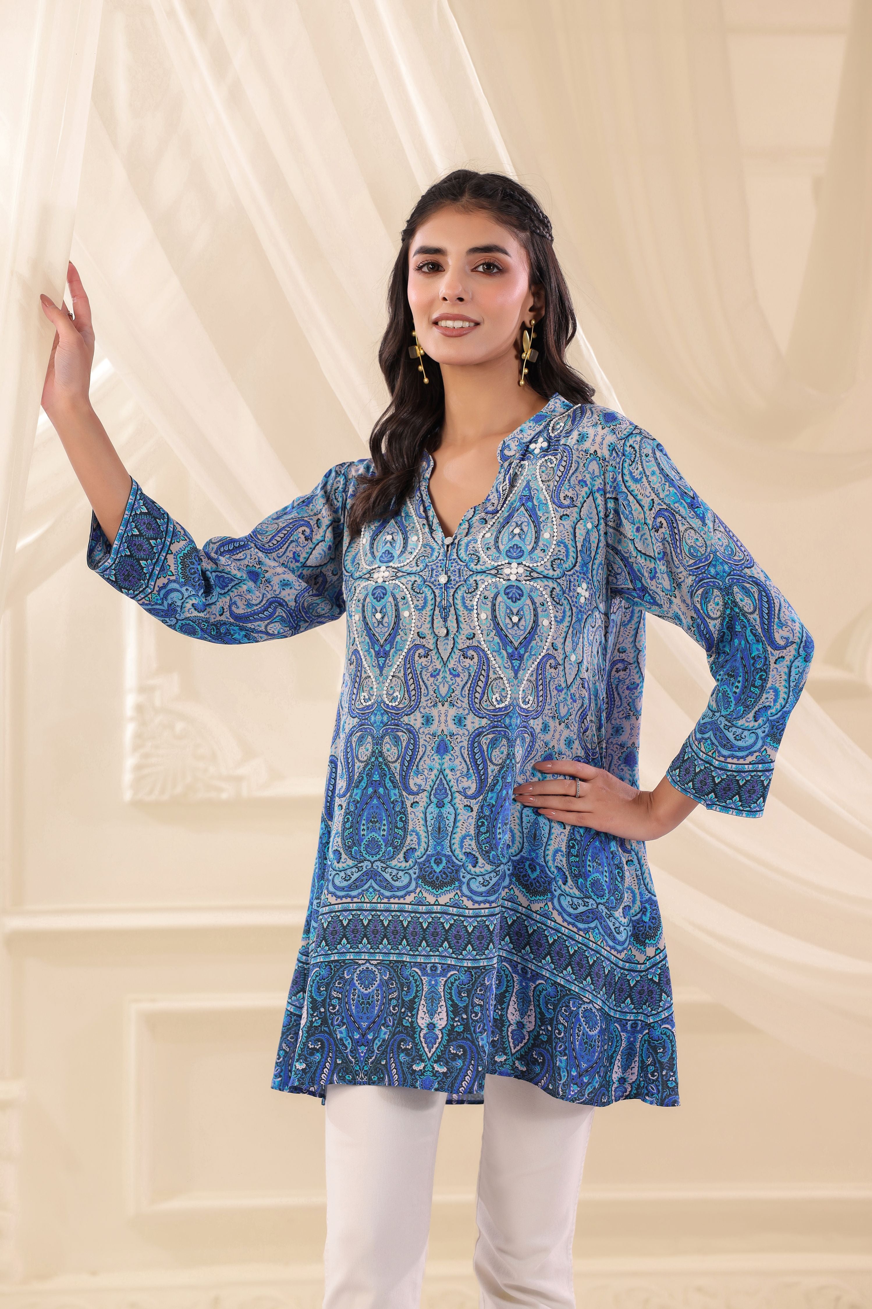 Blue Paisley Printed Crepe Silk Top