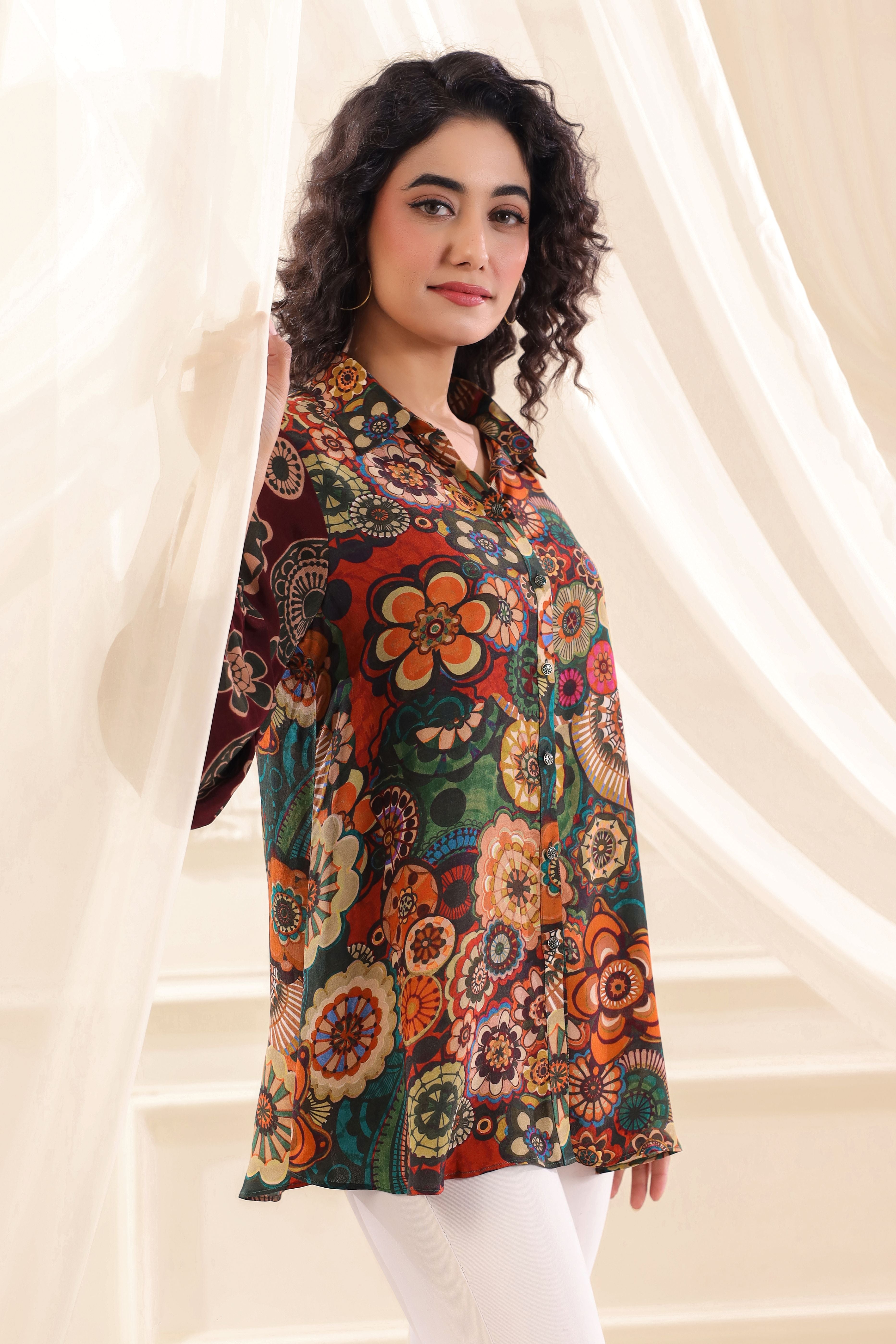 Maroon Meadow Printed Crepe Silk Top