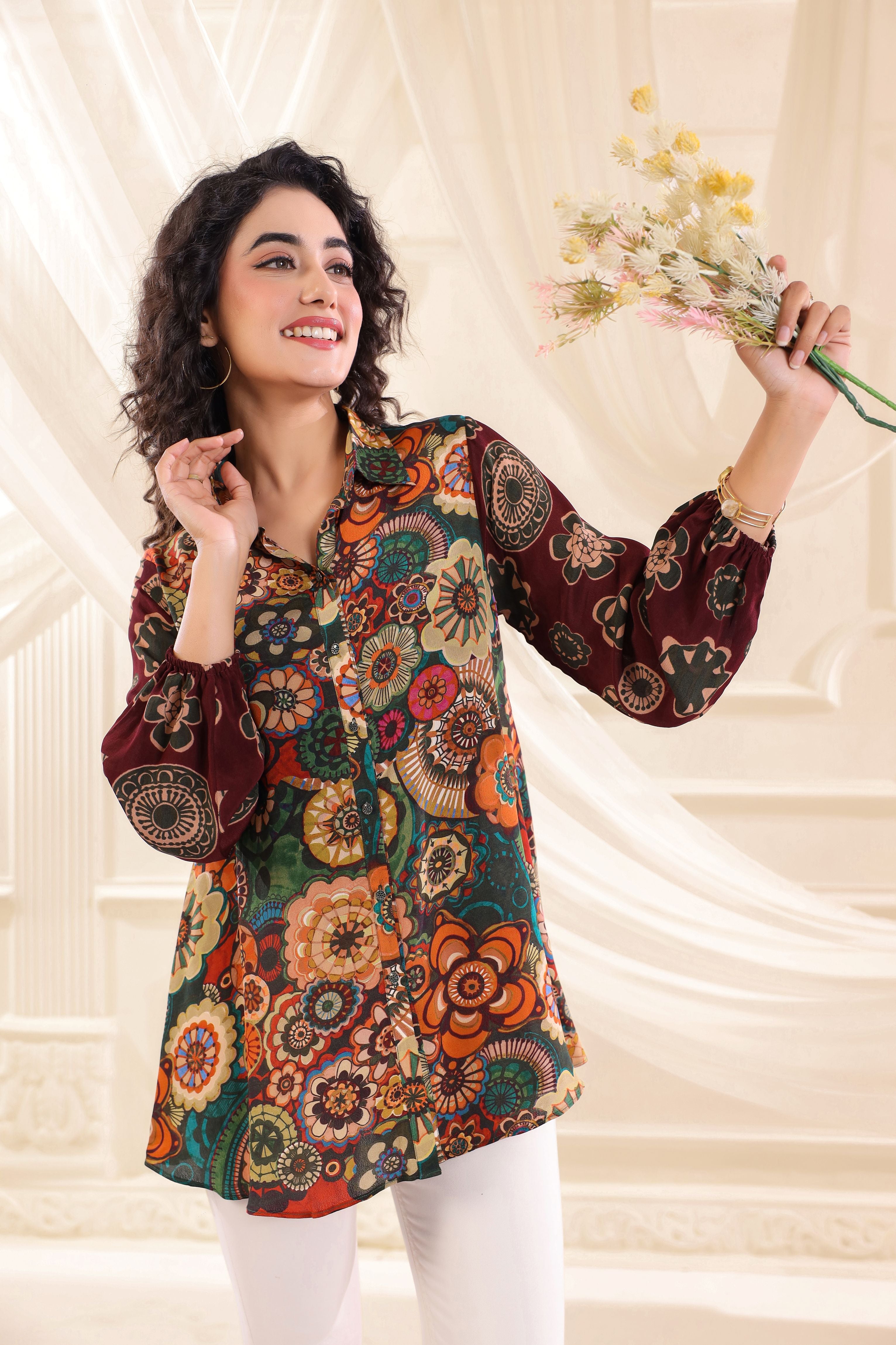 Maroon Meadow Printed Crepe Silk Top