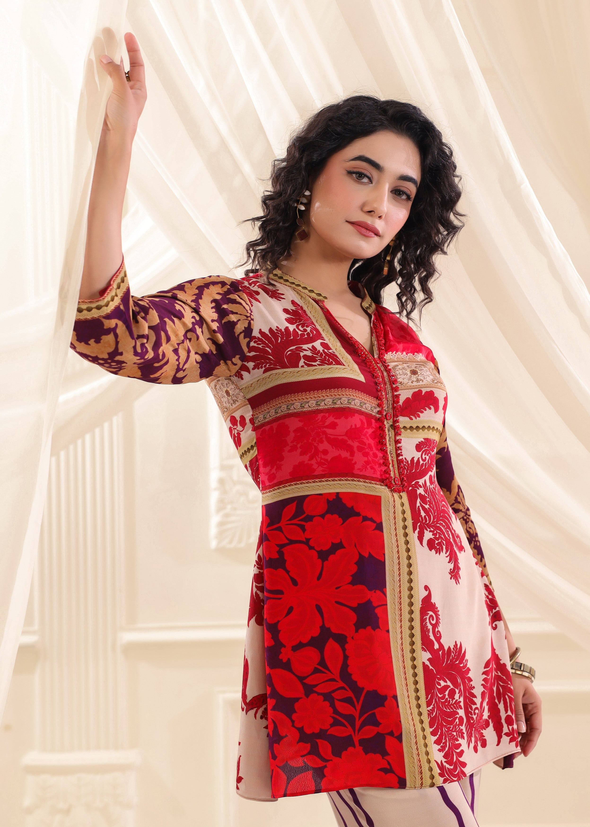 Crimson Cream Printed Crepe Silk Co-Ord Set