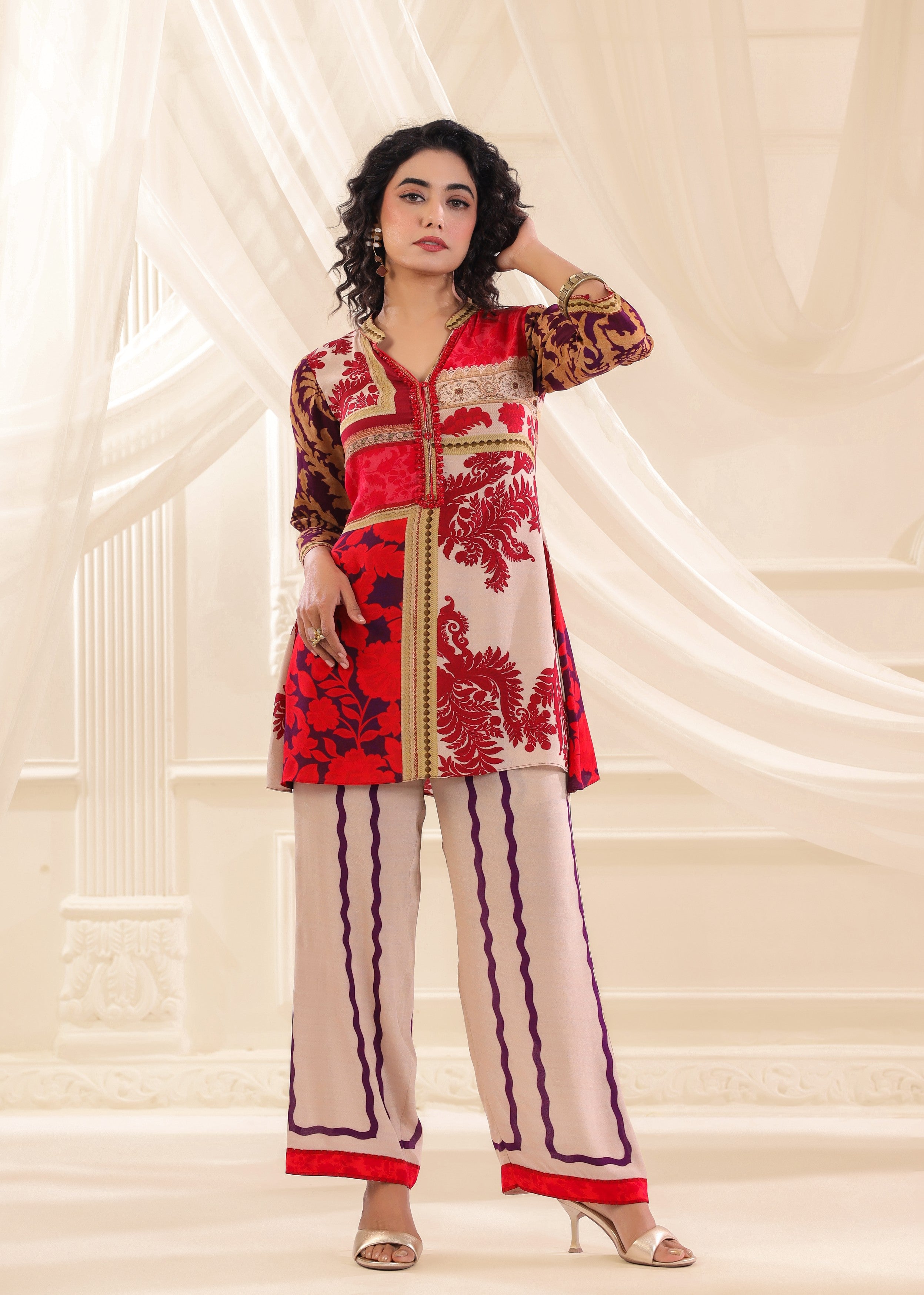 Crimson Cream Printed Crepe Silk Co-Ord Set