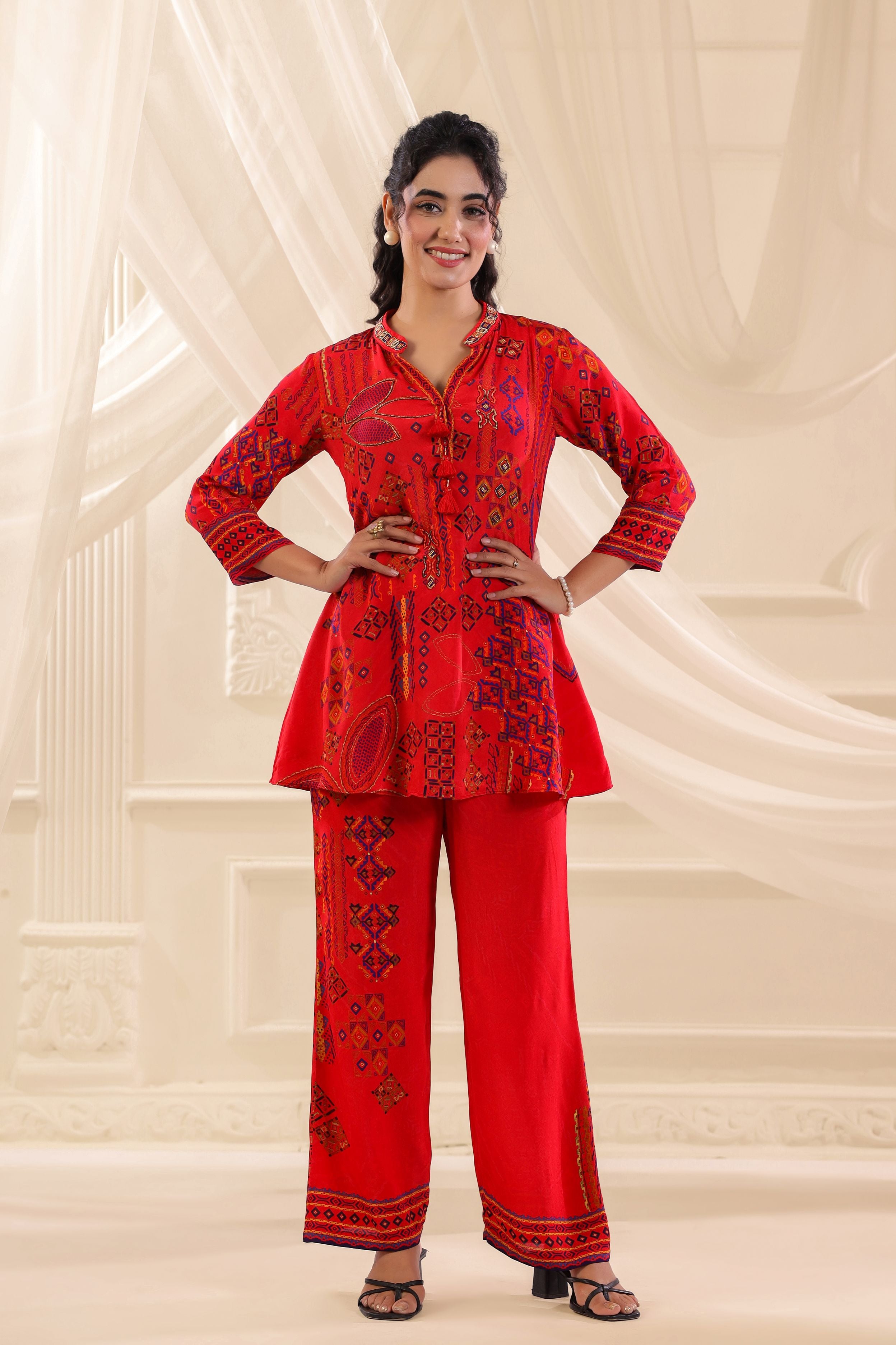 Chilli Red Printed Crepe Silk Co-Ord Set