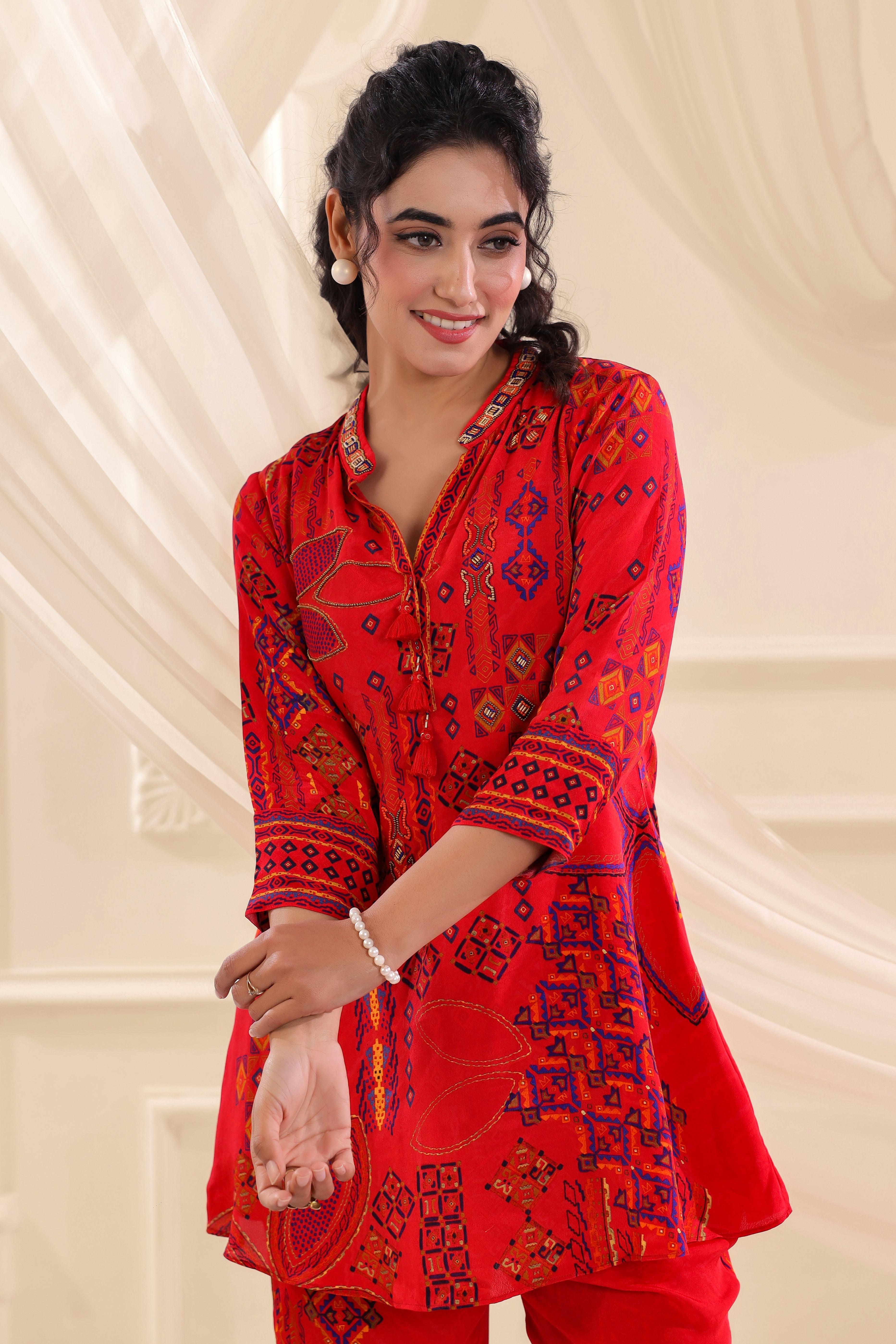 Chilli Red Printed Crepe Silk Co-Ord Set