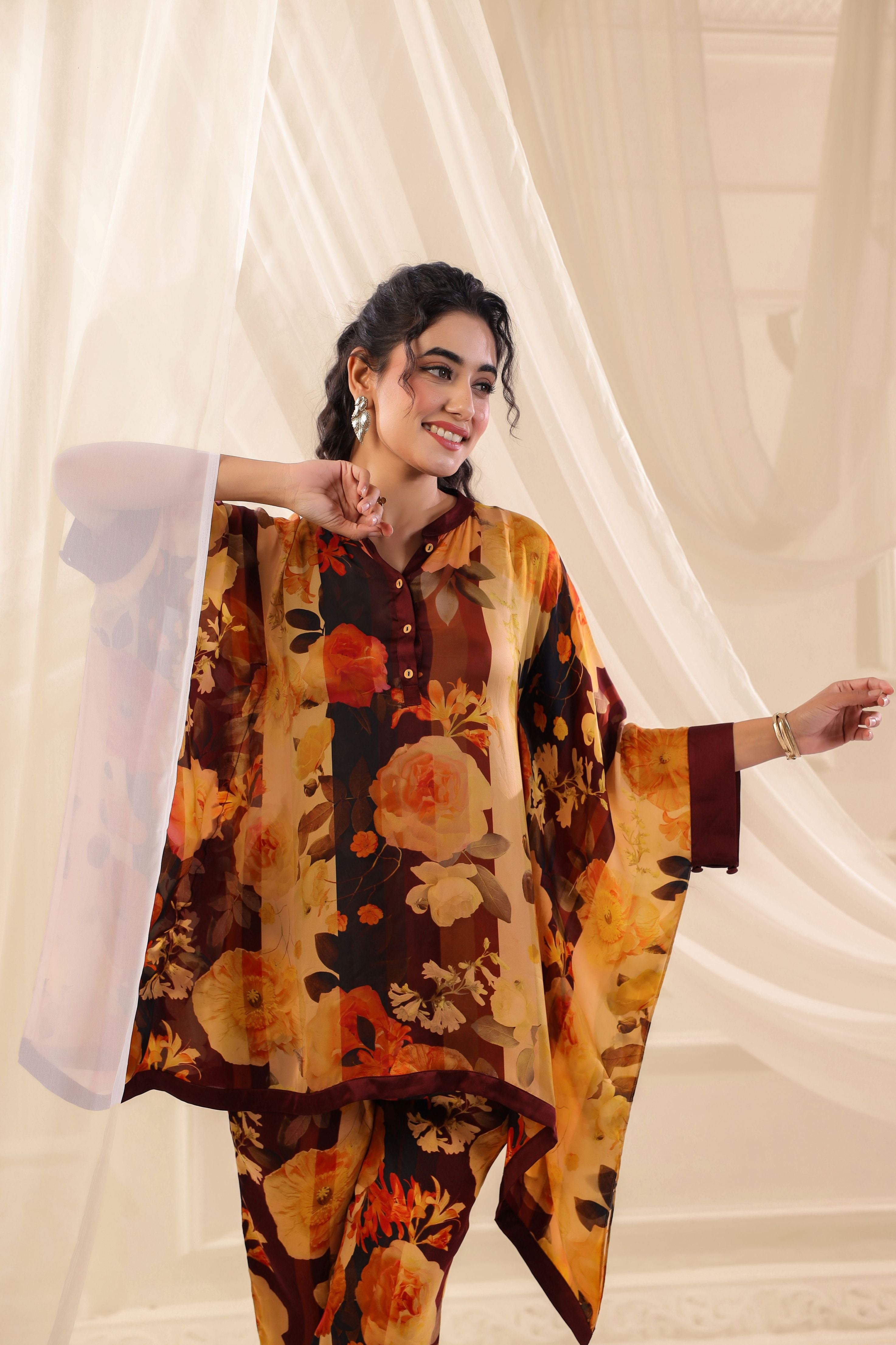 Vintage Ruby Mustard Printed Satin Silk Co-Ord Set