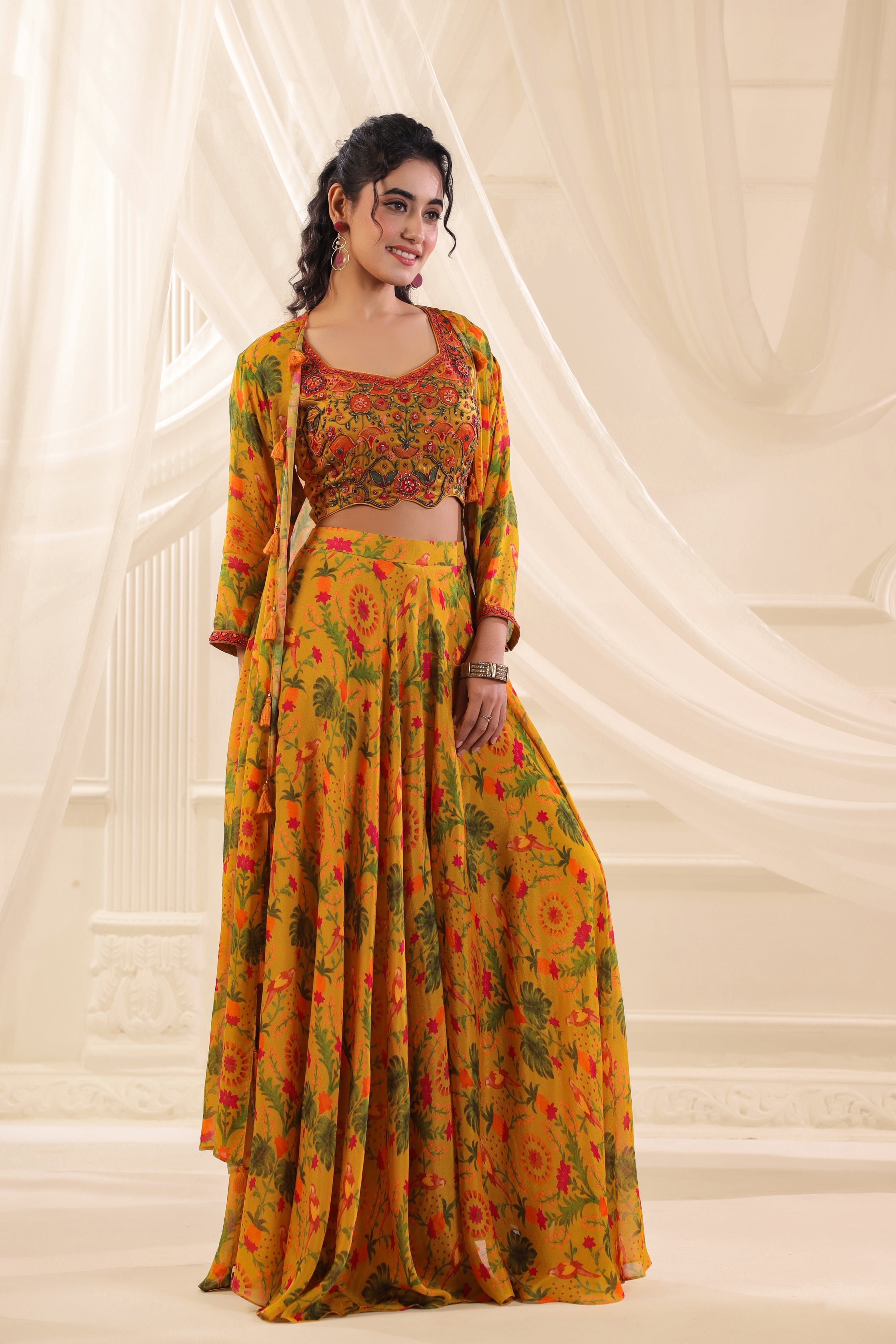 Saffron Meadow Embellished Chinon Silk Cape Set
