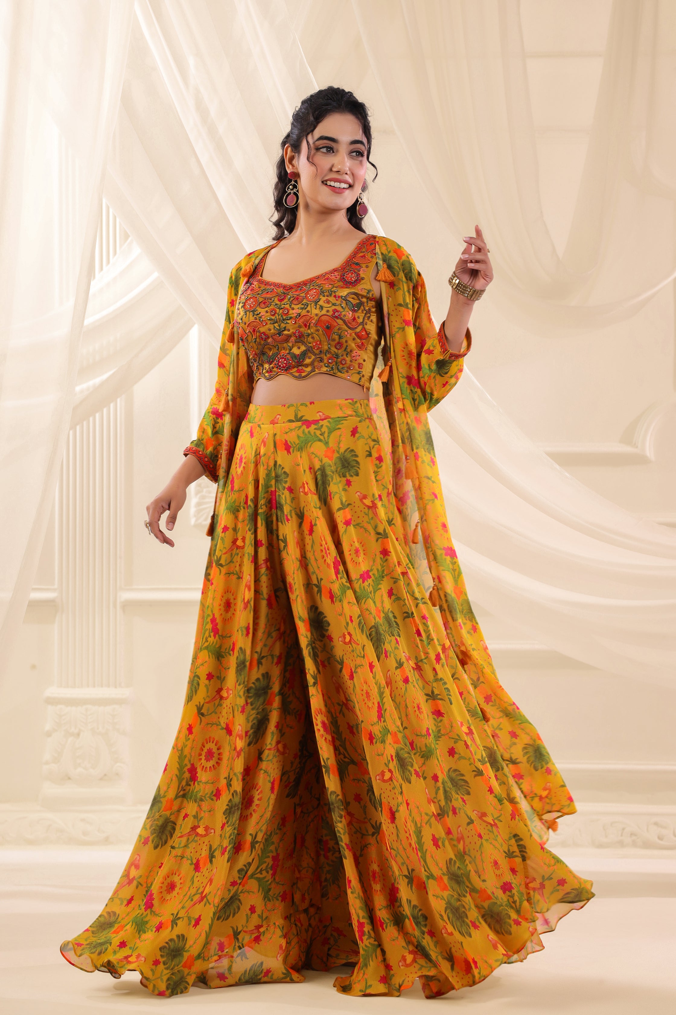 Saffron Meadow Embellished Chinon Silk Cape Set